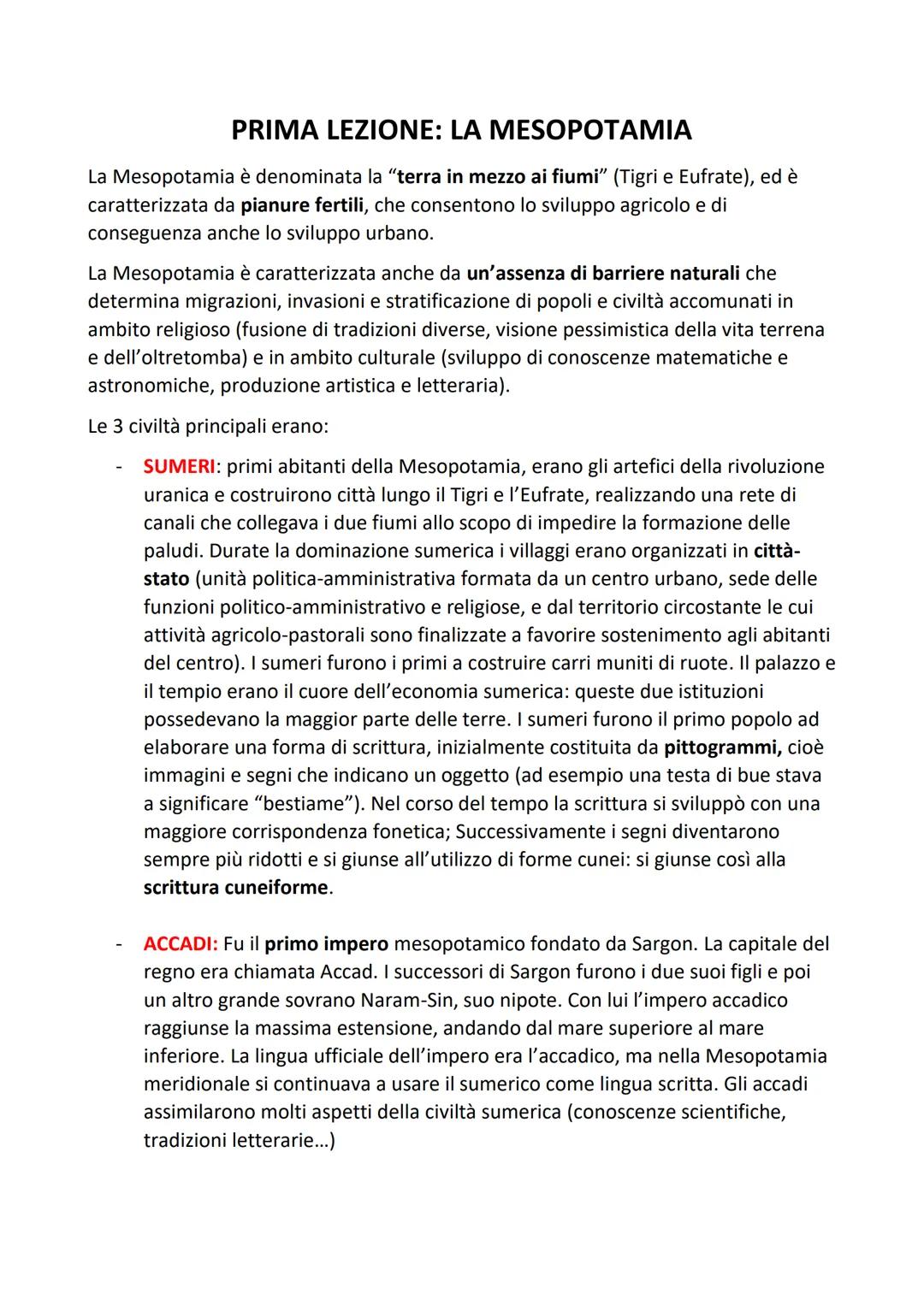 PRIMA LEZIONE: LA MESOPOTAMIA
La Mesopotamia è denominata la “terra in mezzo ai fiumi" (Tigri e Eufrate), ed è
caratterizzata da pianure fer