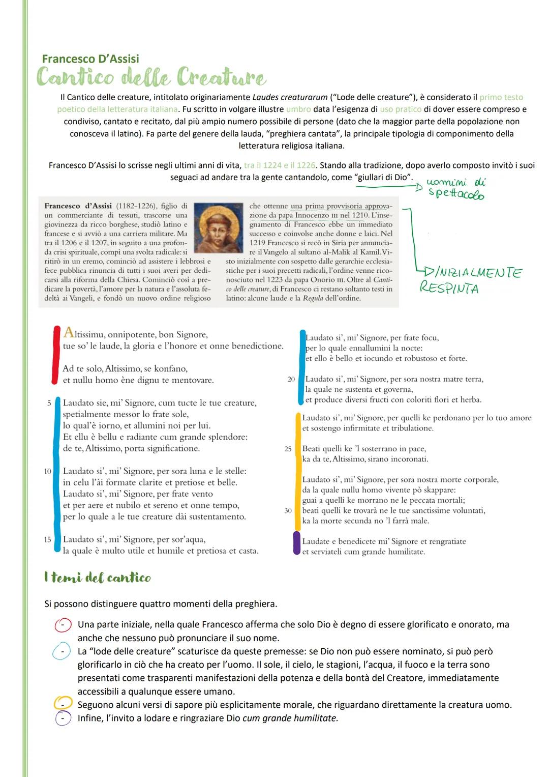 Francesco D'Assisi
Cantico delle Creature
Francesco D'Assisi lo scrisse negli ultimi anni di vita, tra il 1224 e il 1226. Stando alla tradiz