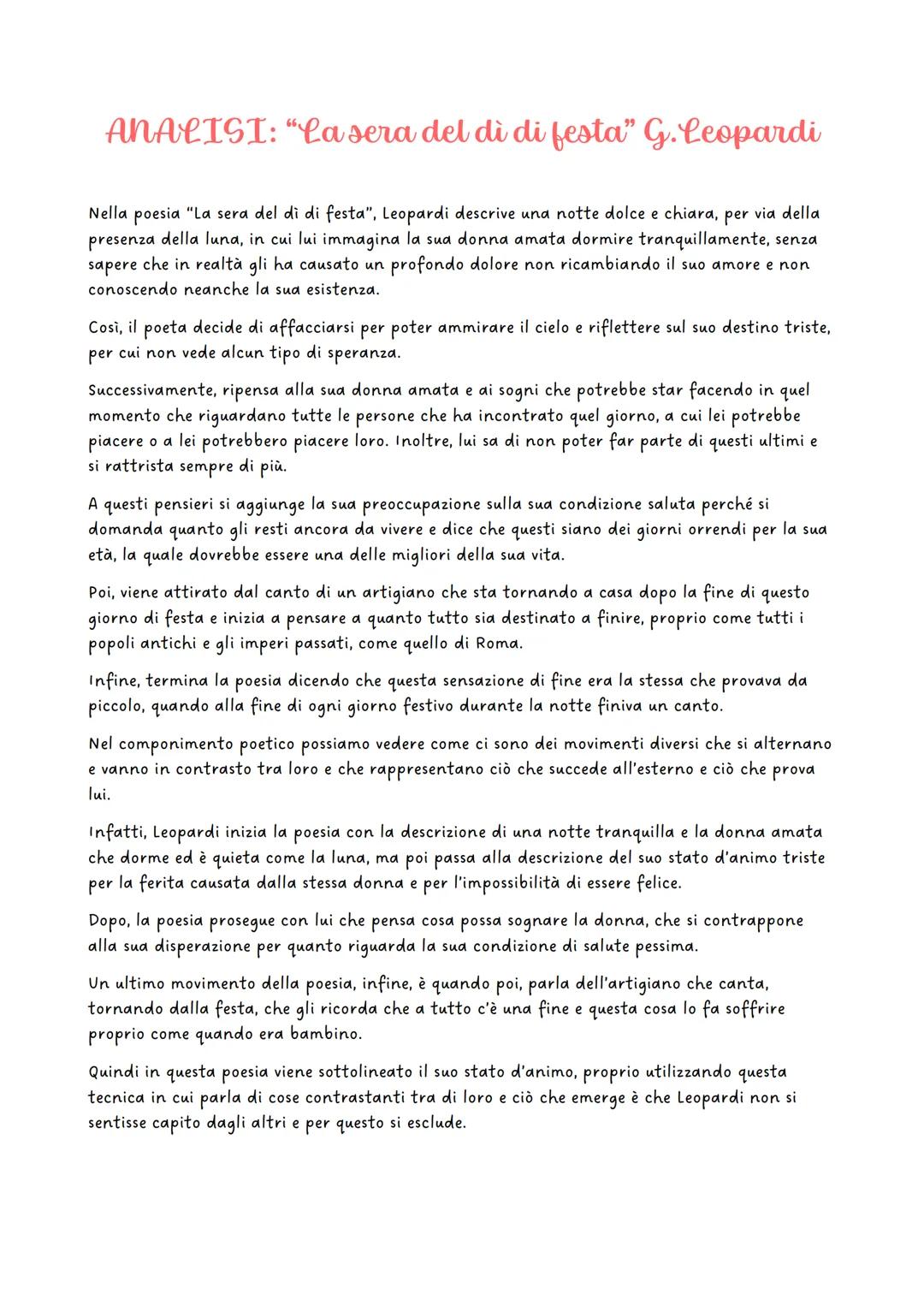ANALISI: "La sera del dì di festa" G.Leopardi
Nella poesia "La sera del dì di festa", Leopardi descrive una notte dolce e chiara,
per
via de