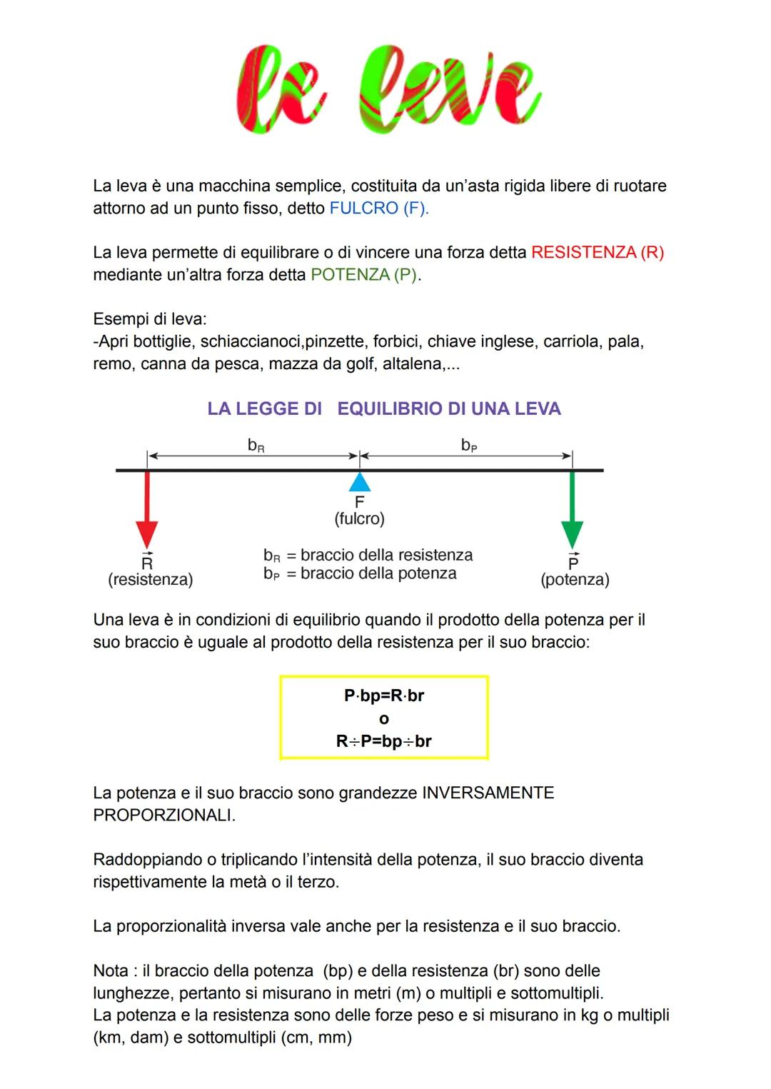 le leve
La leva è una macchina semplice, costituita da un'asta rigida libere di ruotare
attorno ad un punto fisso, detto FULCRO (F).
La leva