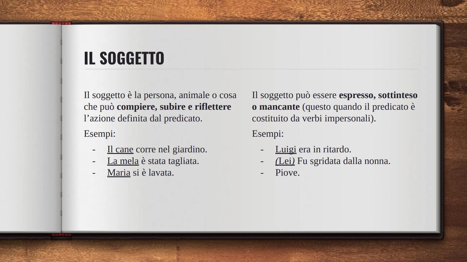# ANALISI LOGICA # IL SOGGETTO
Il soggetto è la persona, animale o cosa
che può compiere, subire e riflettere
l'azione definita dal predica