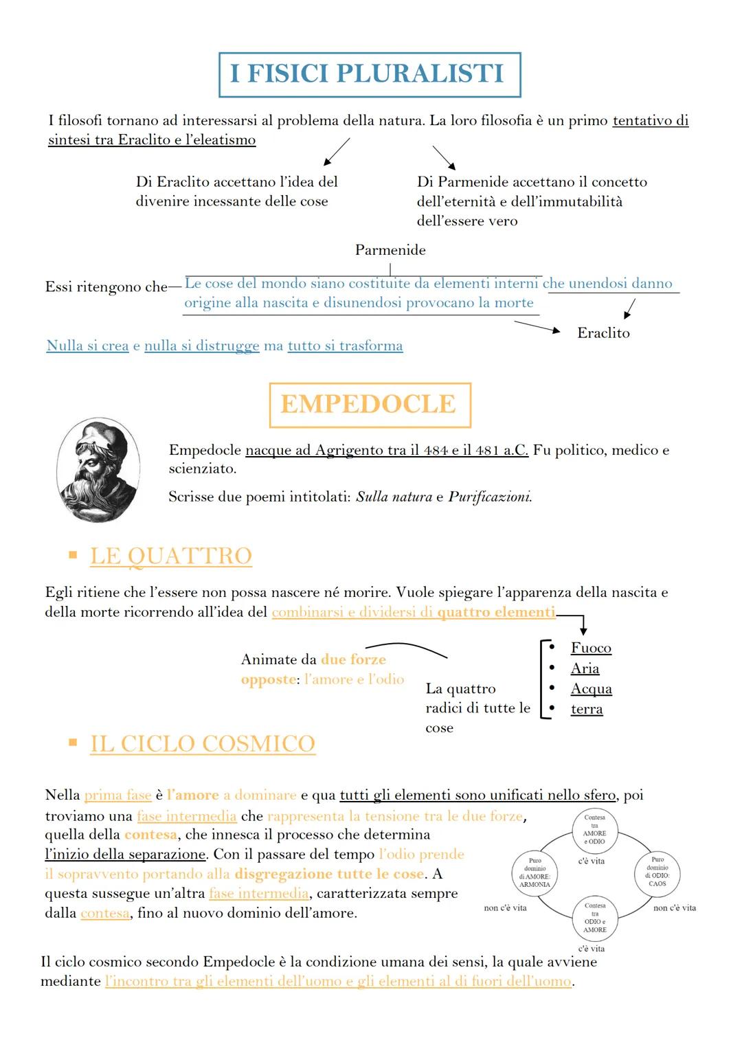 I FISICI PLURALISTI
I filosofi tornano ad interessarsi al problema della natura. La loro filosofia è un primo tentativo di
sintesi tra Eracl