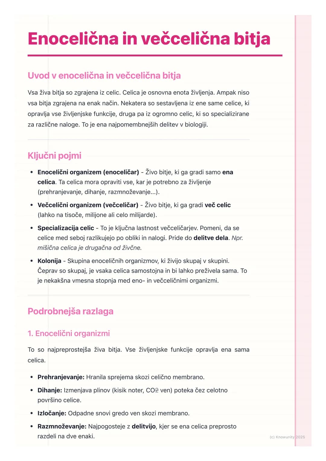 # Enocelična in večcelična bitja
Uvod v enocelična in večcelična bitja
Vsa živa bitja so zgrajena iz celic. Celica je osnovna enota življe