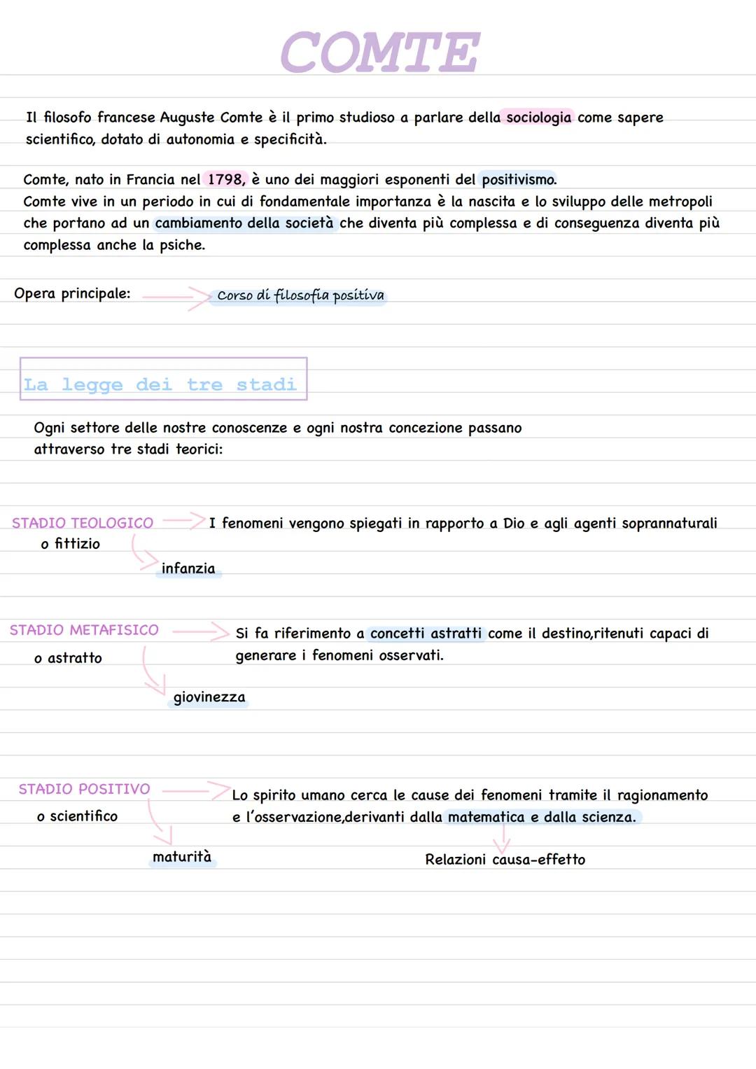 COMTE
Il filosofo francese Auguste Comte è il primo studioso a parlare della sociologia come sapere
scientifico, dotato di autonomia e speci