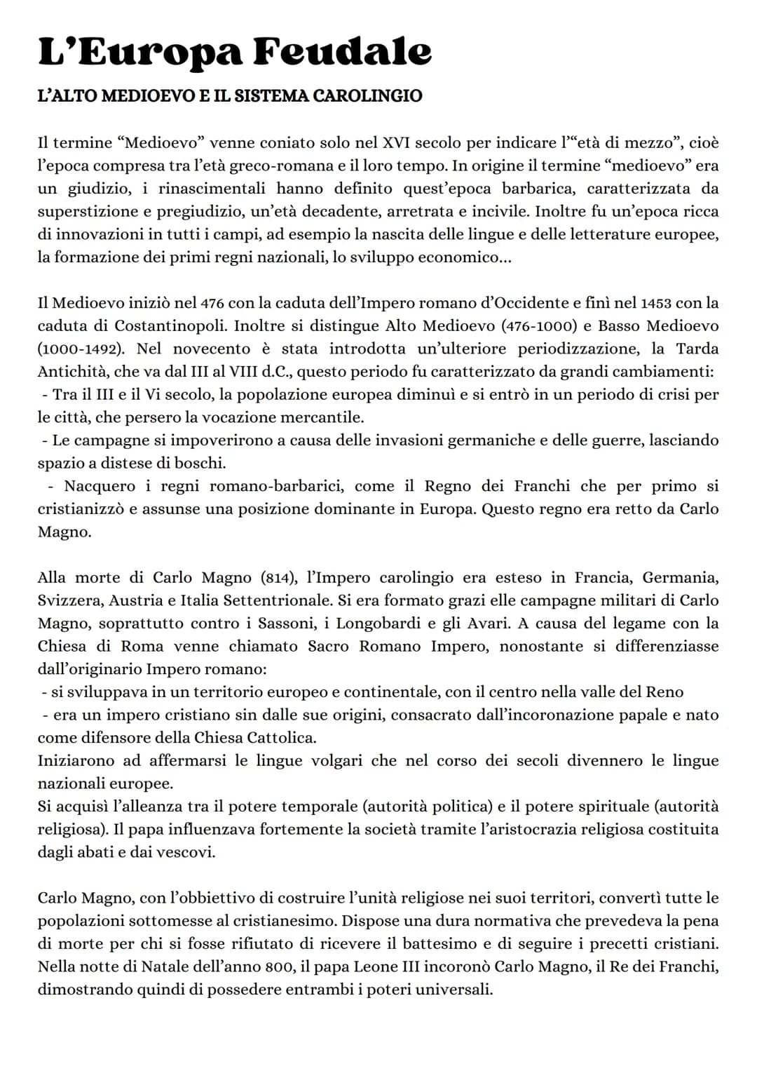 # L'Europa Feudale
## L'ALTO MEDIOEVO E IL SISTEMA CAROLINGIO
Il termine "Medioevo" venne coniato solo nel XVI secolo per indicare l'età di