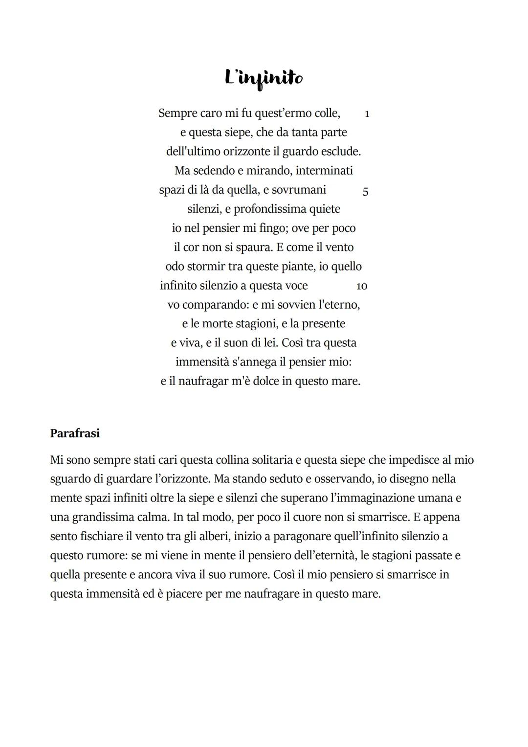 L'infinito
Sempre caro mi fu quest'ermo colle,
e questa siepe, che da tanta parte
dell'ultimo orizzonte il guardo esclude.
Ma sedendo e mira