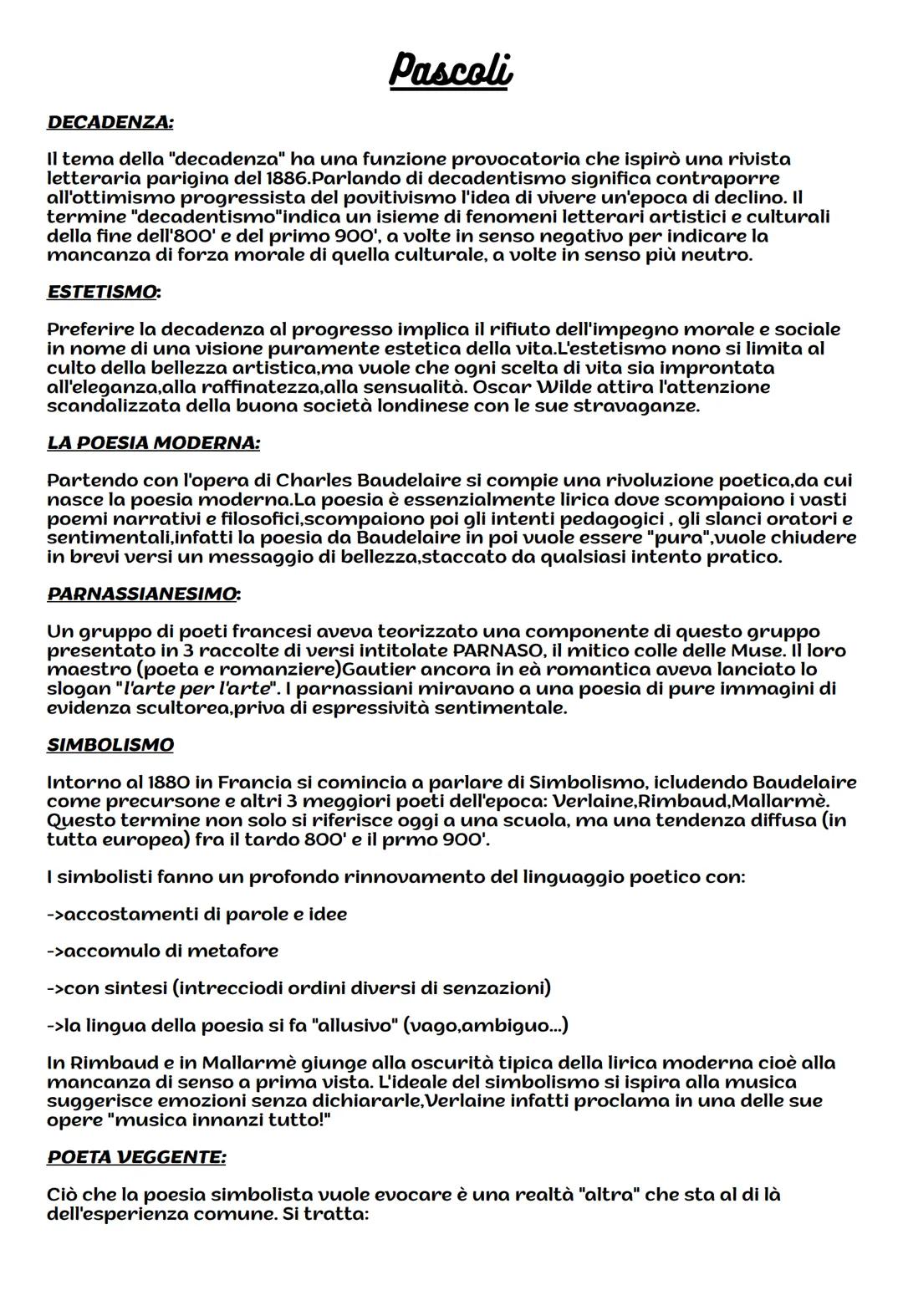 # Pascoli
DECADENZA:
Il tema della "decadenza" ha una funzione provocatoria che ispirò una rivista
letteraria parigina del 1886. Parlando