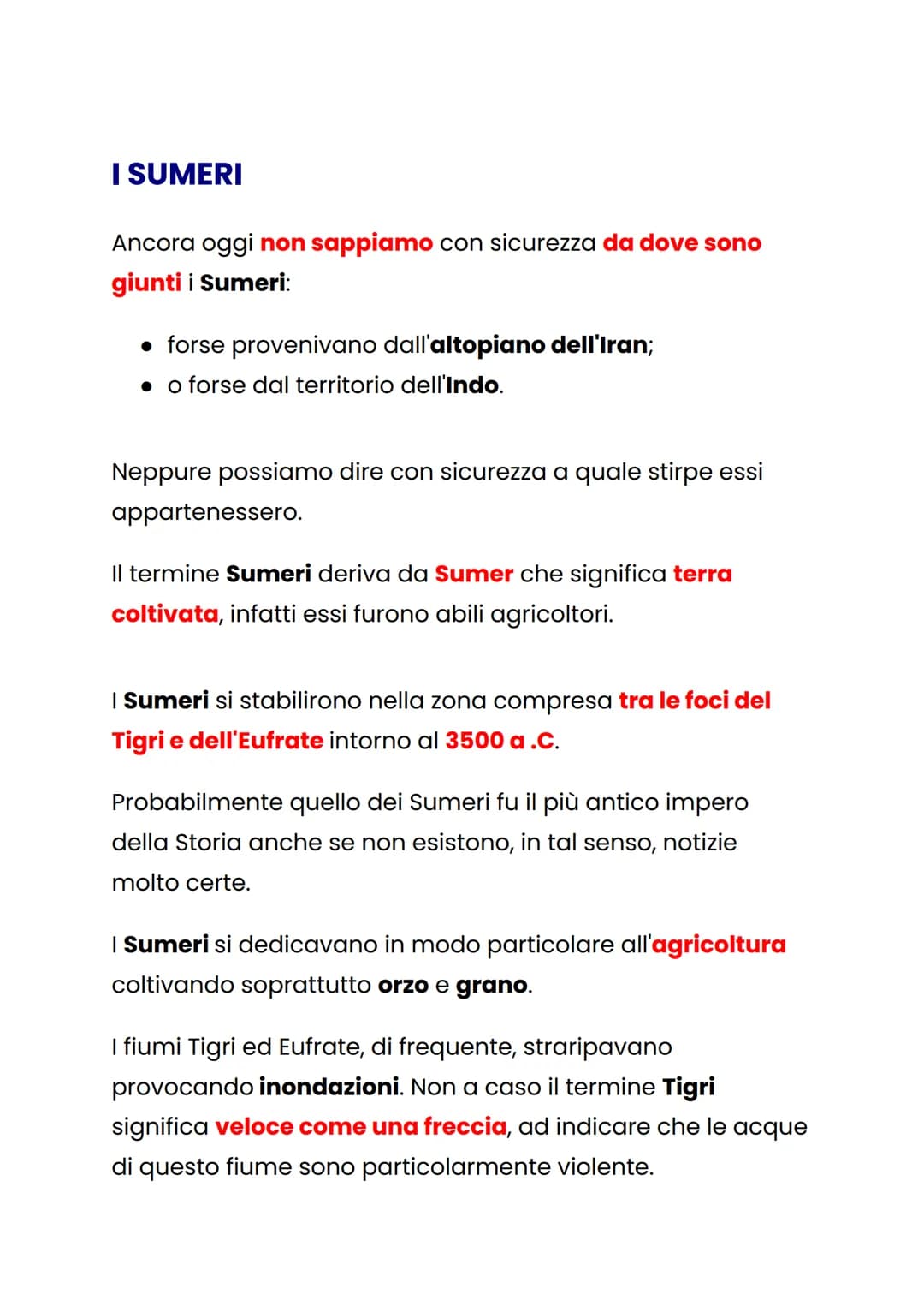 # I SUMERI
Ancora oggi **non sappiamo** con sicurezza **da dove sono**
**giunti i Sumeri**:
- forse provenivano dall'altopiano dell'Iran;
-