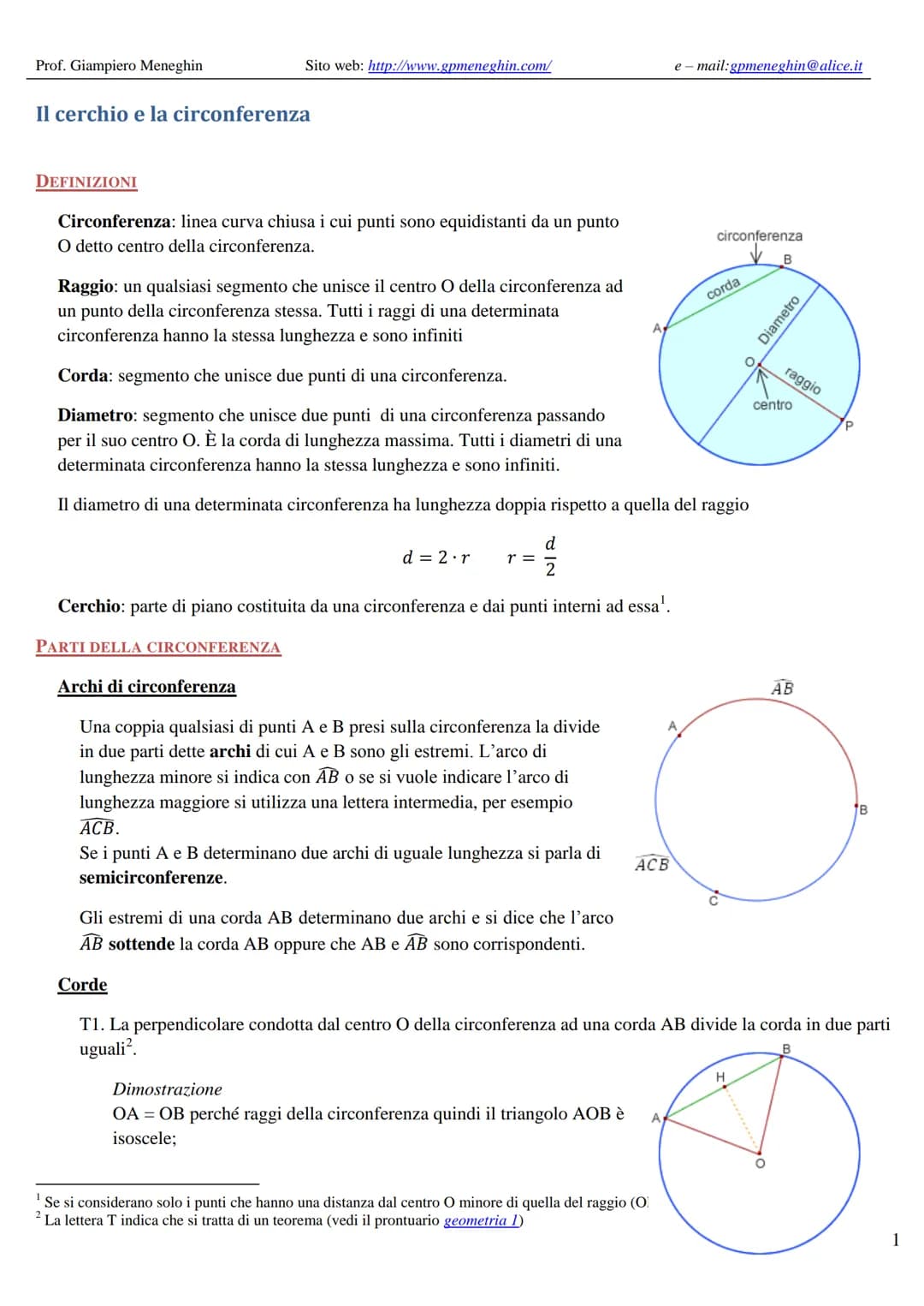 Prof. Giampiero Meneghin
Sito web: http://www.gpmeneghin.com/
e-mail:gpmeneghin@alice.it
# Il cerchio e la circonferenza
## DEFINIZIONI
*