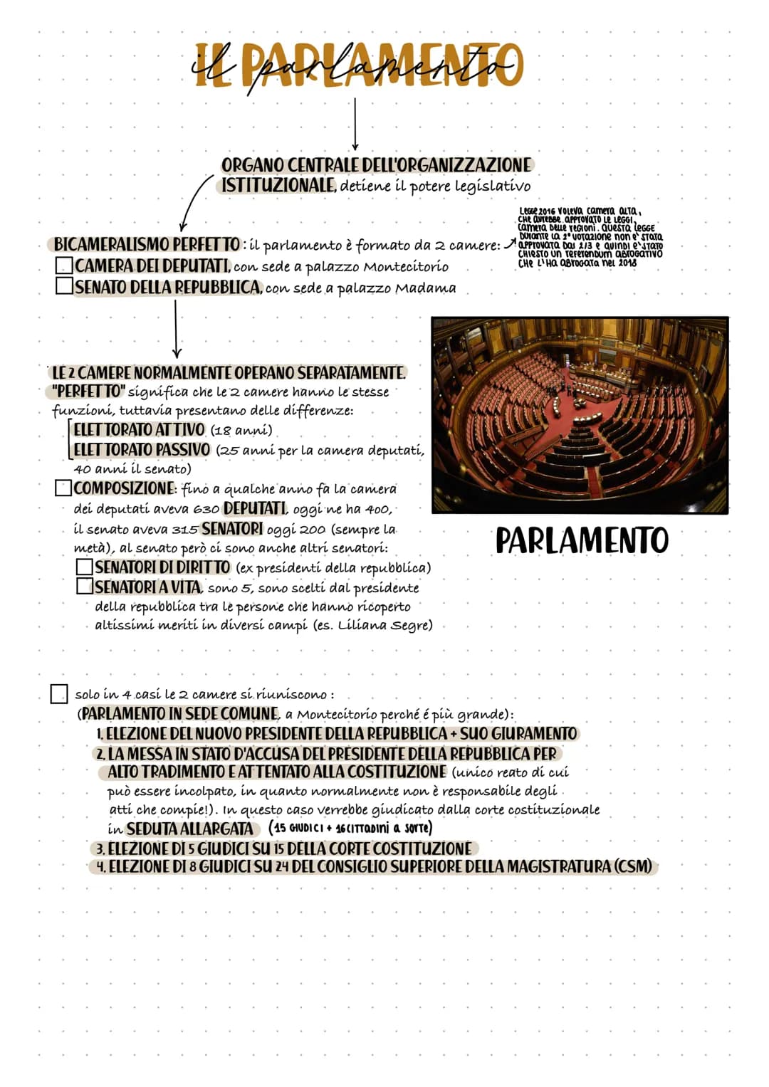 # IL PARLAMENTO
ORGANO CENTRALE DELL'ORGANIZZAZIONE
ISTITUZIONALE, detiene il potere legislativo
LEGGE 2016 Voleva camera alta,
Che avress