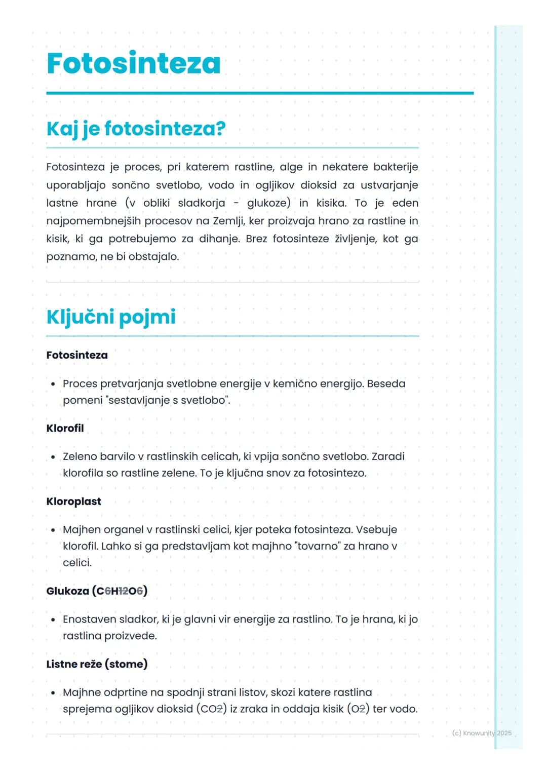 # Fotosinteza
## Kaj je fotosinteza?
Fotosinteza je proces, pri katerem rastline, alge in nekatere bakterije
uporabljajo sončno svetlobo,
