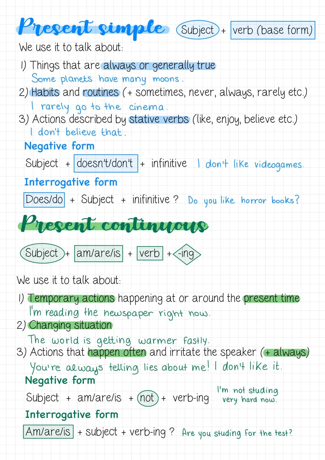 # Present simple
Subject + verb (base form)
We use it to talk about:
1. Things that are always or generally true
Some planets have many