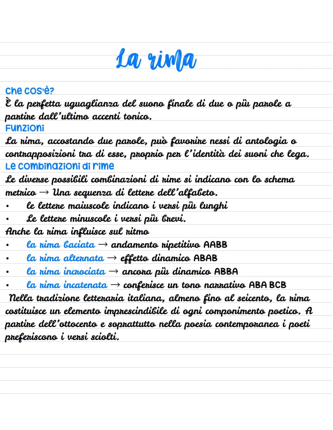 # La rima
## che cos'è?
È la perfetta uguaglianza del suono finale di due o più parole a partire dall'ultimo accenti tonico.
## Funzioni
L