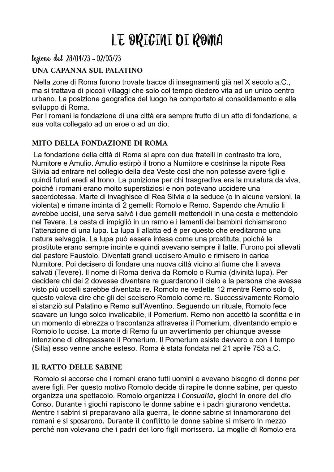 LE ORIGINI DI ROMA
lezione del 28/04/23 - 02/05/23
UNA CAPANNA SUL PALATINO
Nella zone di Roma furono trovate tracce di insegnamenti già nel