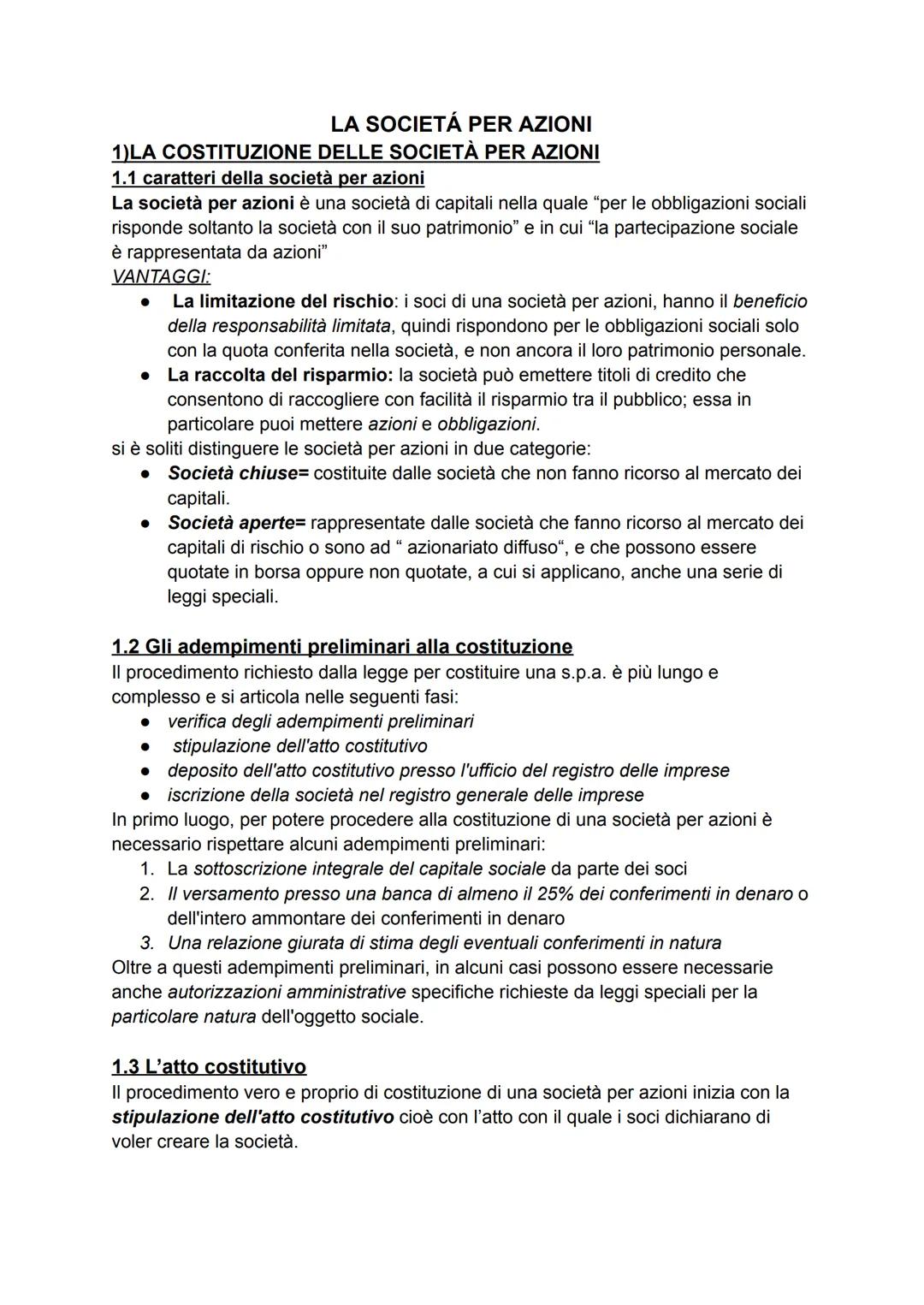# LA SOCIETÁ PER AZIONI
# 1)LA COSTITUZIONE DELLE SOCIETÀ PER AZIONI
## 1.1 caratteri della società per azioni
La società per azioni è un