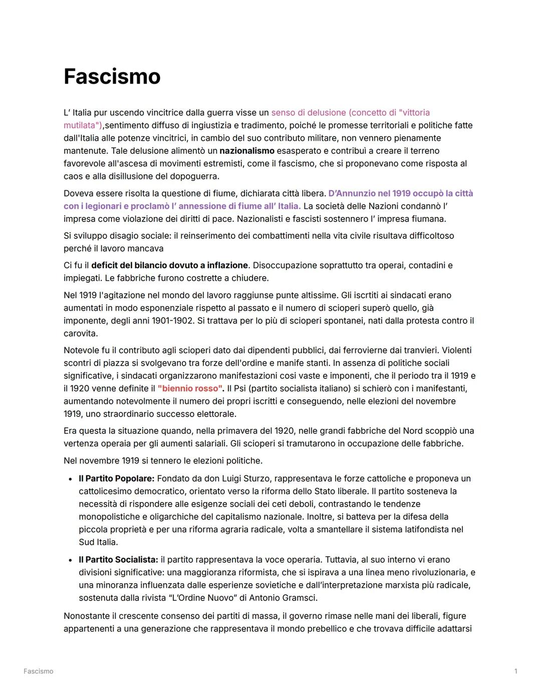 # Fascismo
Fascismo
L' Italia pur uscendo vincitrice dalla guerra visse un senso di delusione (concetto di "vittoria
mutilata"), sentimento