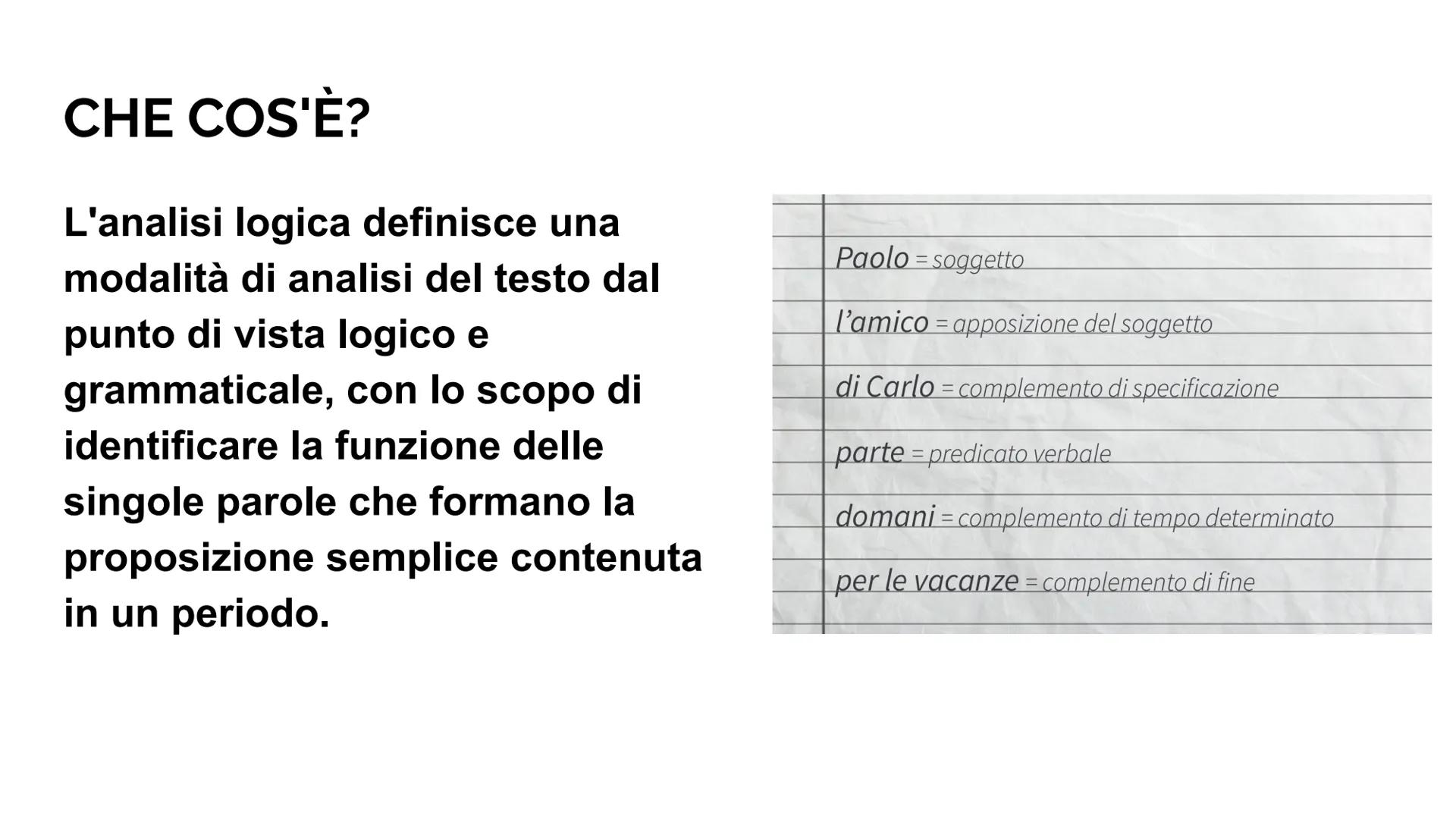 # ANALISI LOGICA --- OCR Start ---
SOMMARIO:
• COS'E'?;
•
DIFFERENZA TRA FRASE E PERIODO;
• SOGGETTO;
• ATTRIBUTO;
•
APPOSIZIONE;
• PREDICAT