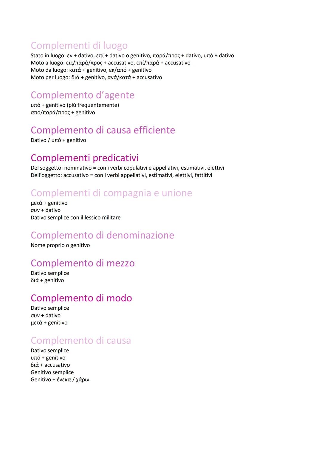 Complementi di luogo
Stato in luogo: Ev + dativo, ení + dativo o genitivo, лaрά/лроç + dativo, untó + dativo
Moto a luogo: εις/παρά/προς + a