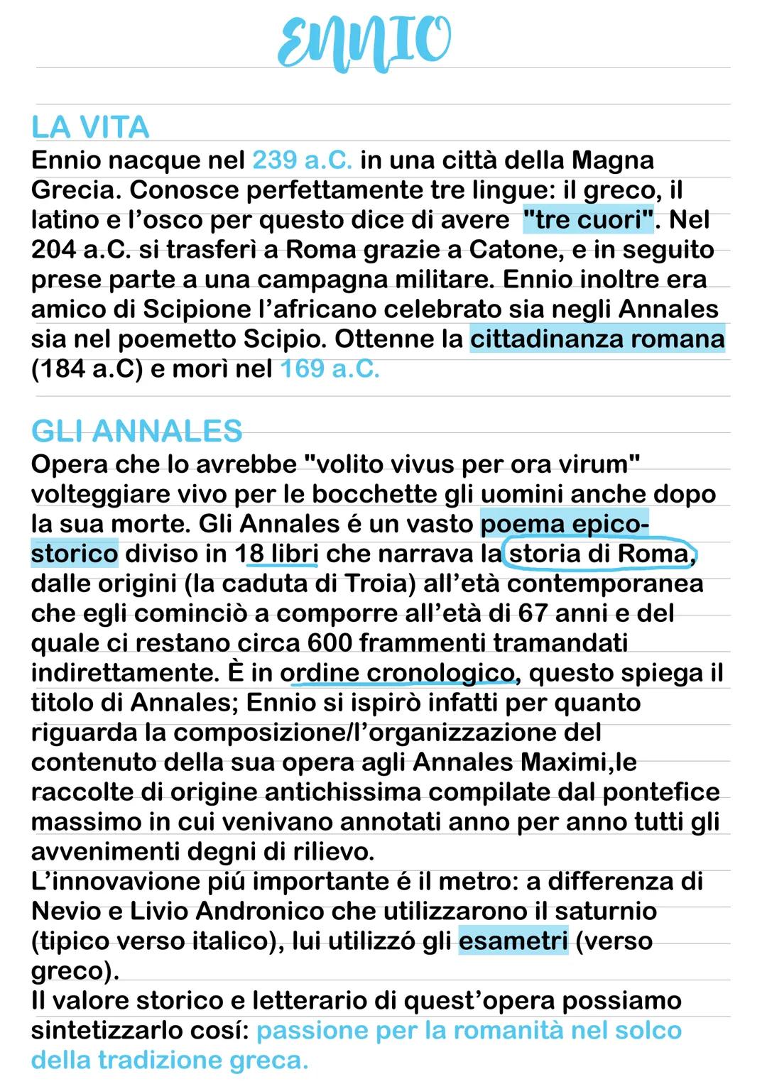 # Ennio
## LA VITA
Ennio nacque nel 239 a. C. in una città della Magna
Grecia. Conosce perfettamente tre lingue: il greco, il
latino e l'os