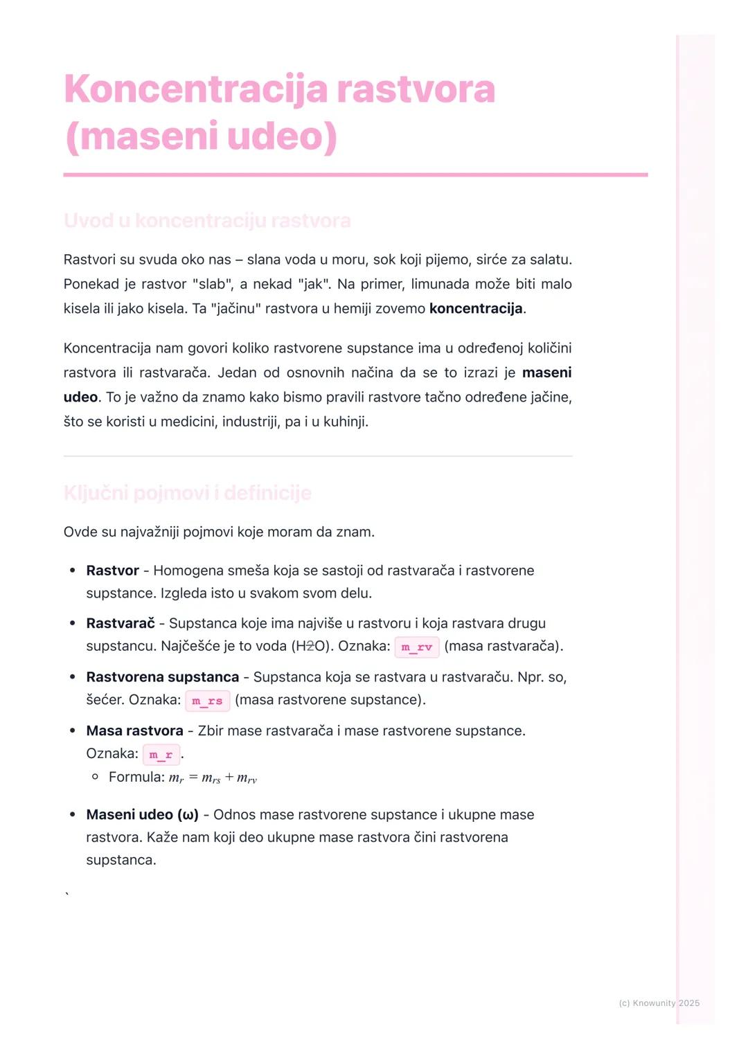 # Koncentracija rastvora
(maseni udeo)
Uvod u koncentraciju rastvora
Rastvori su svuda oko nas - slana voda u moru, sok koji pijemo, sirće