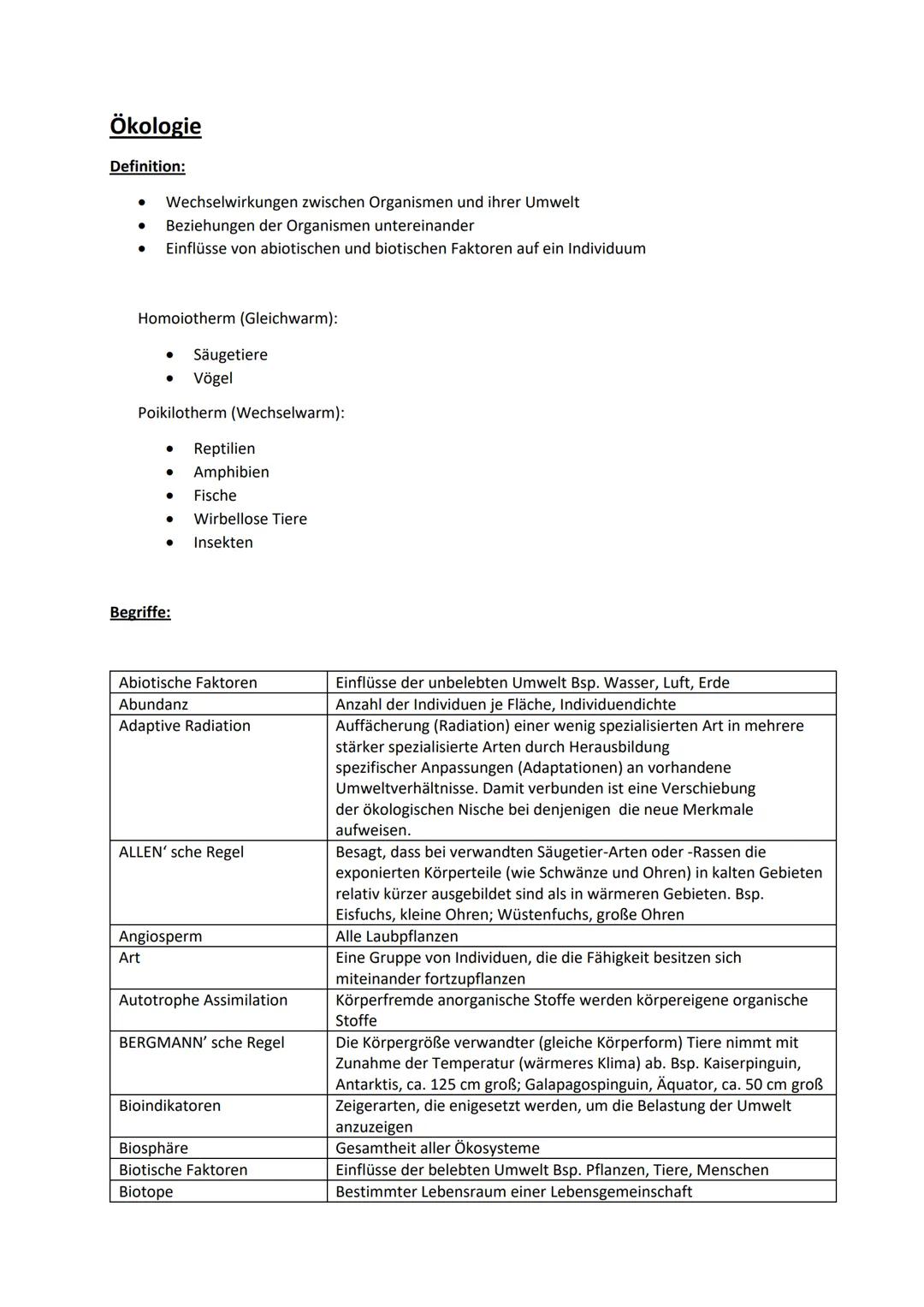 # Ökologie
Definition:
- Wechselwirkungen zwischen Organismen und ihrer Umwelt
- Beziehungen der Organismen untereinander
- Einflüsse von