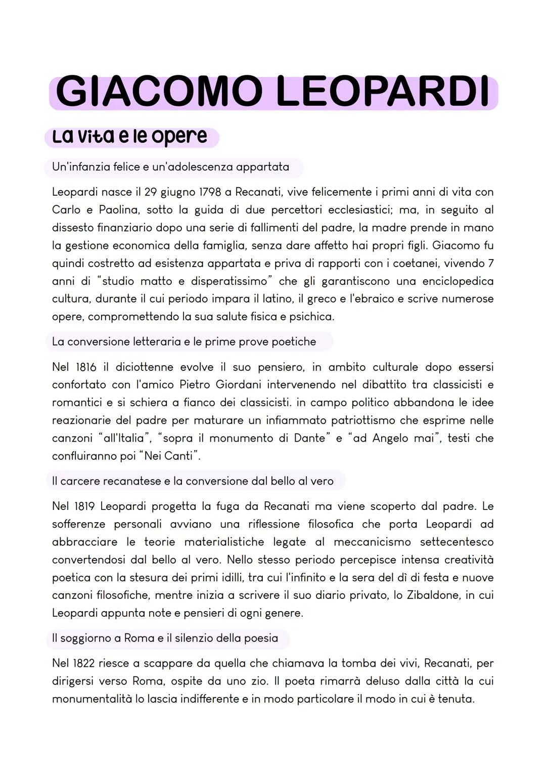 GIACOMO LEOPARDI
La vita e le opere
Un'infanzia felice e un'adolescenza appartata
Leopardi nasce il 29 giugno 1798 a Recanati, vive feliceme