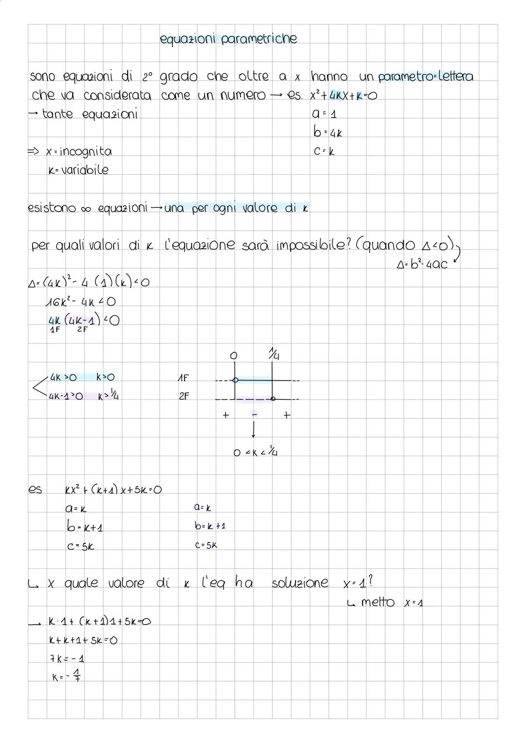 # equazioni parametriche
sono equazioni di 2° grado che oltre a x hanno un parametro-Lettera
che va considerata come un numero es. x²+4KX+K