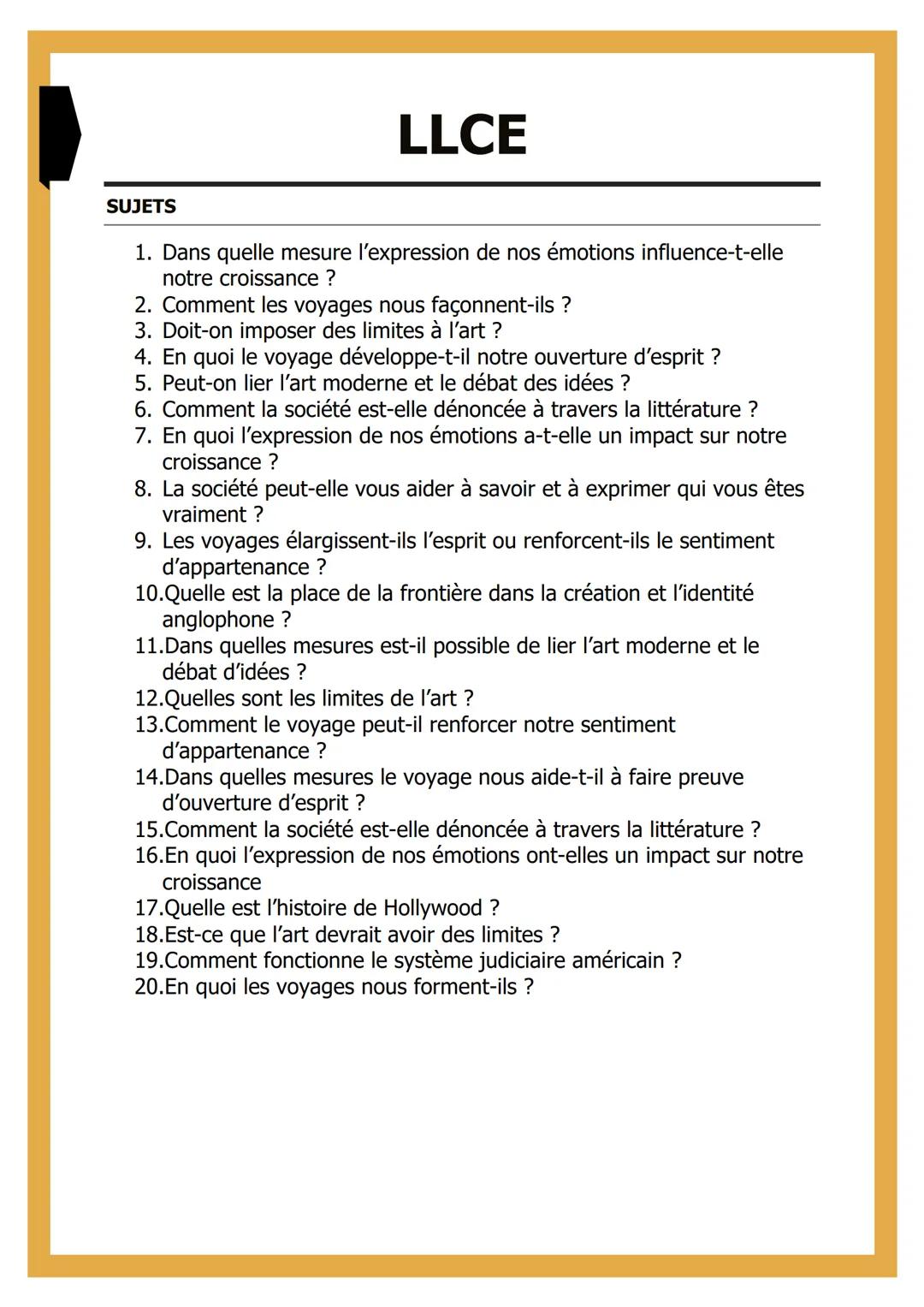 # LLCE
SUJETS
1. Dans quelle mesure l'expression de nos émotions influence-t-elle
notre croissance ?
2. Comment les voyages nous façonnent