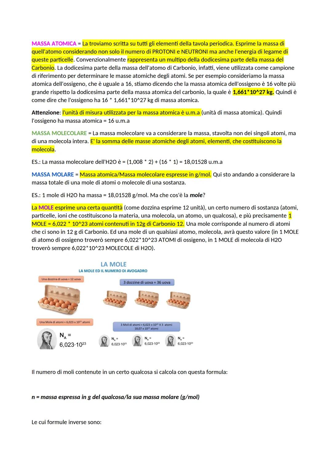 MASSA ATOMICA = La troviamo scritta su tutti gli elementi della tavola periodica. Esprime la massa di
quell'atomo considerando non solo il n