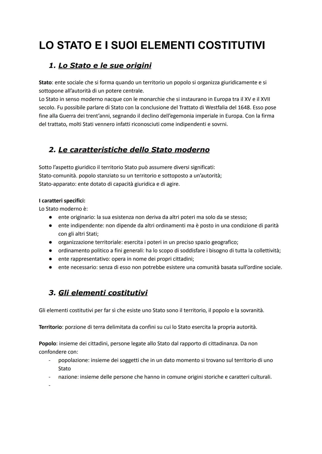 # LO STATO E I SUOI ELEMENTI COSTITUTIVI
1. Lo Stato e le sue origini
Stato: ente sociale che si forma quando un territorio un popolo si o
