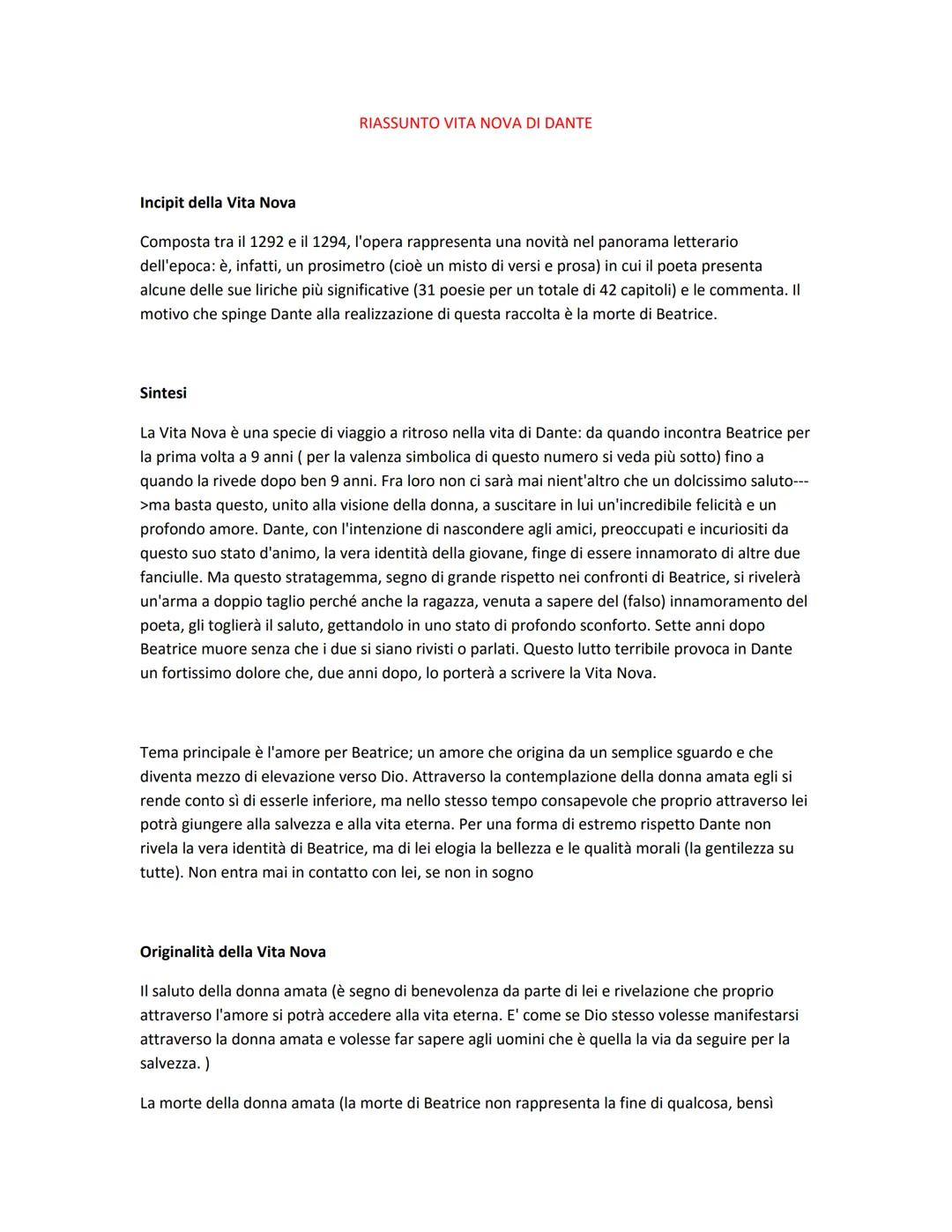# RIASSUNTO VITA NOVA DI DANTE
Incipit della Vita Nova
Composta tra il 1292 e il 1294, l'opera rappresenta una novità nel panorama lettera