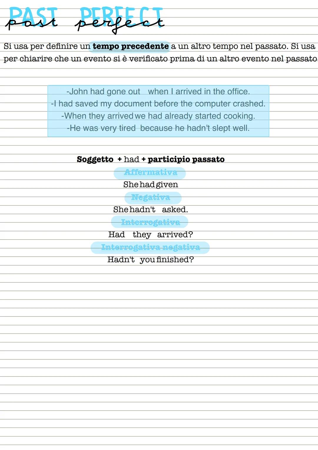 past
perfect
Si usa per definire un tempo precedente a un altro tempo nel passato. Si usa
per chiarire che un evento si è verificato prima d