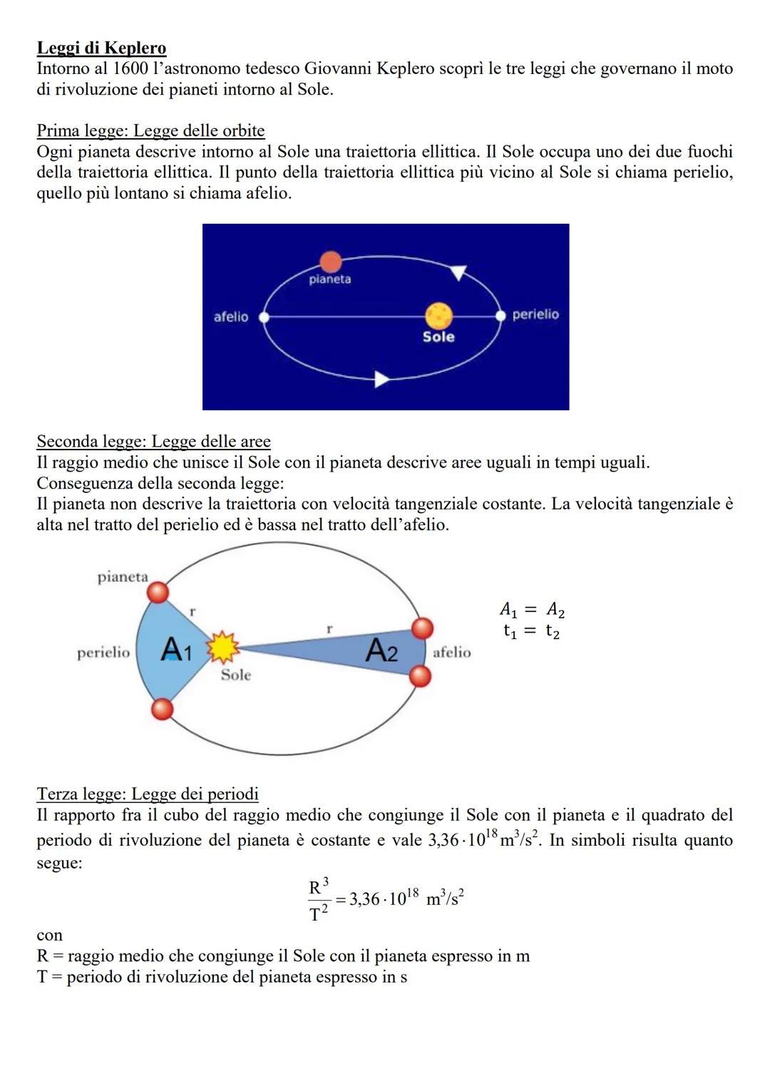Leggi di Keplero
Intorno al 1600 l'astronomo tedesco Giovanni Keplero scoprì le tre leggi che governano il moto
di rivoluzione dei pianeti i