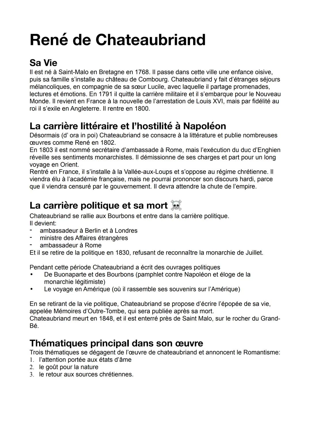 René de Chateaubriand
Sa Vie
Il est né à Saint-Malo en Bretagne en 1768. Il passe dans cette ville une enfance oisive,
puis sa famille s'ins