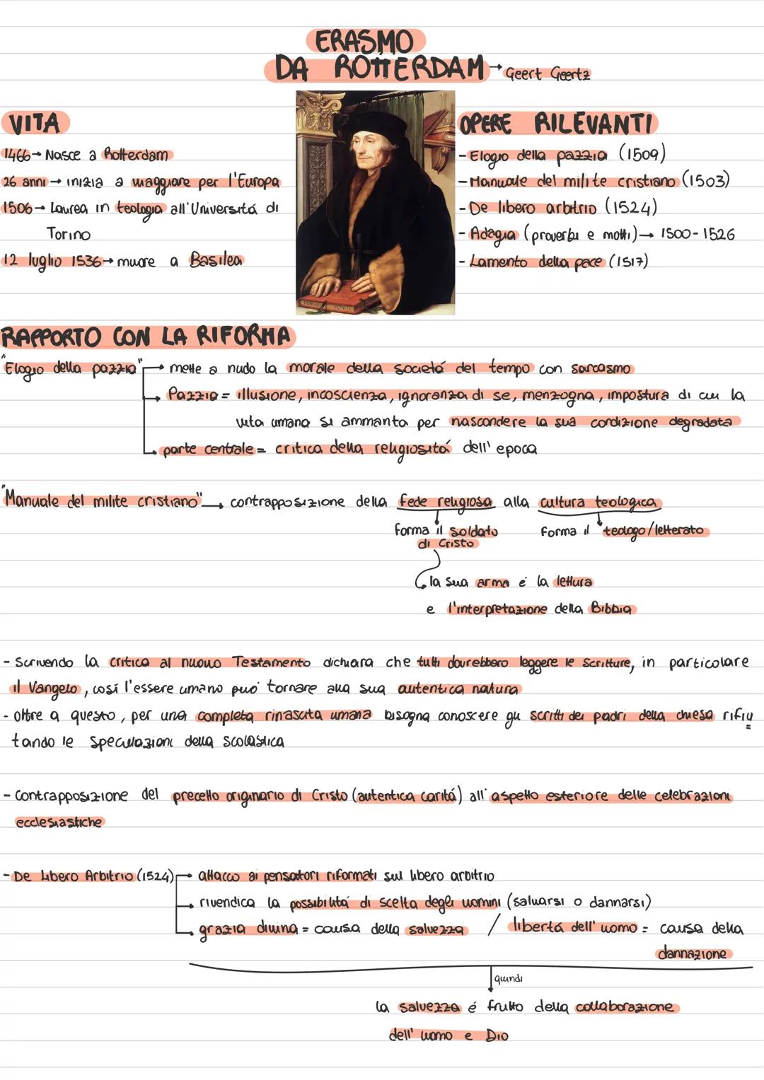 ERASMO
DA ROTTERDAM - Geert Geertz
VITA
1466- Nasce a Rotterdam
26 anni → inizia a maggiore per l'Europa.
1506- Laurea in teologia all'Unive