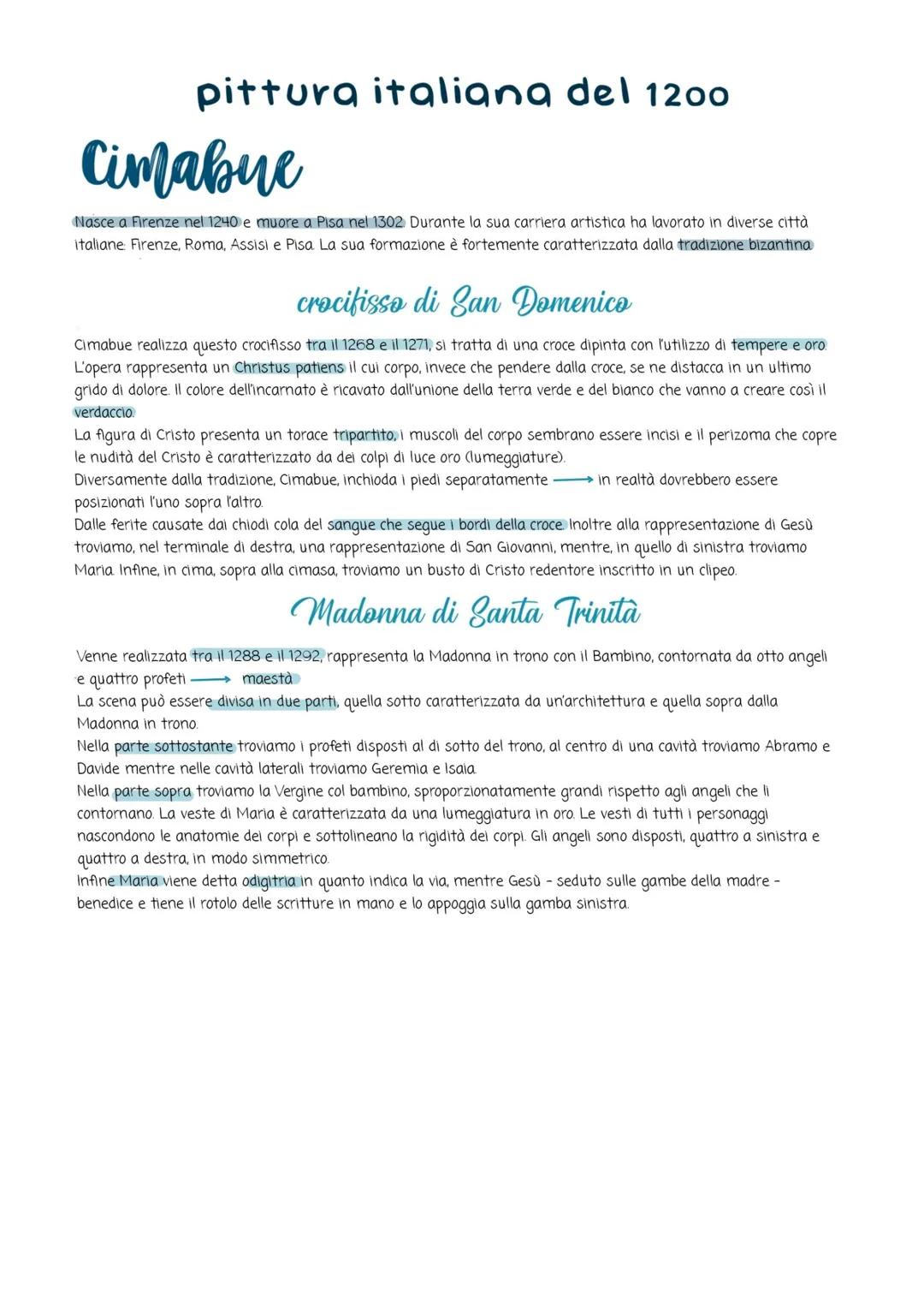 pittura italiana del 1200
Cimabue
Nasce a Firenze nel 1240 e muore a Pisa nel 1302. Durante la sua carriera artistica ha lavorato in diverse