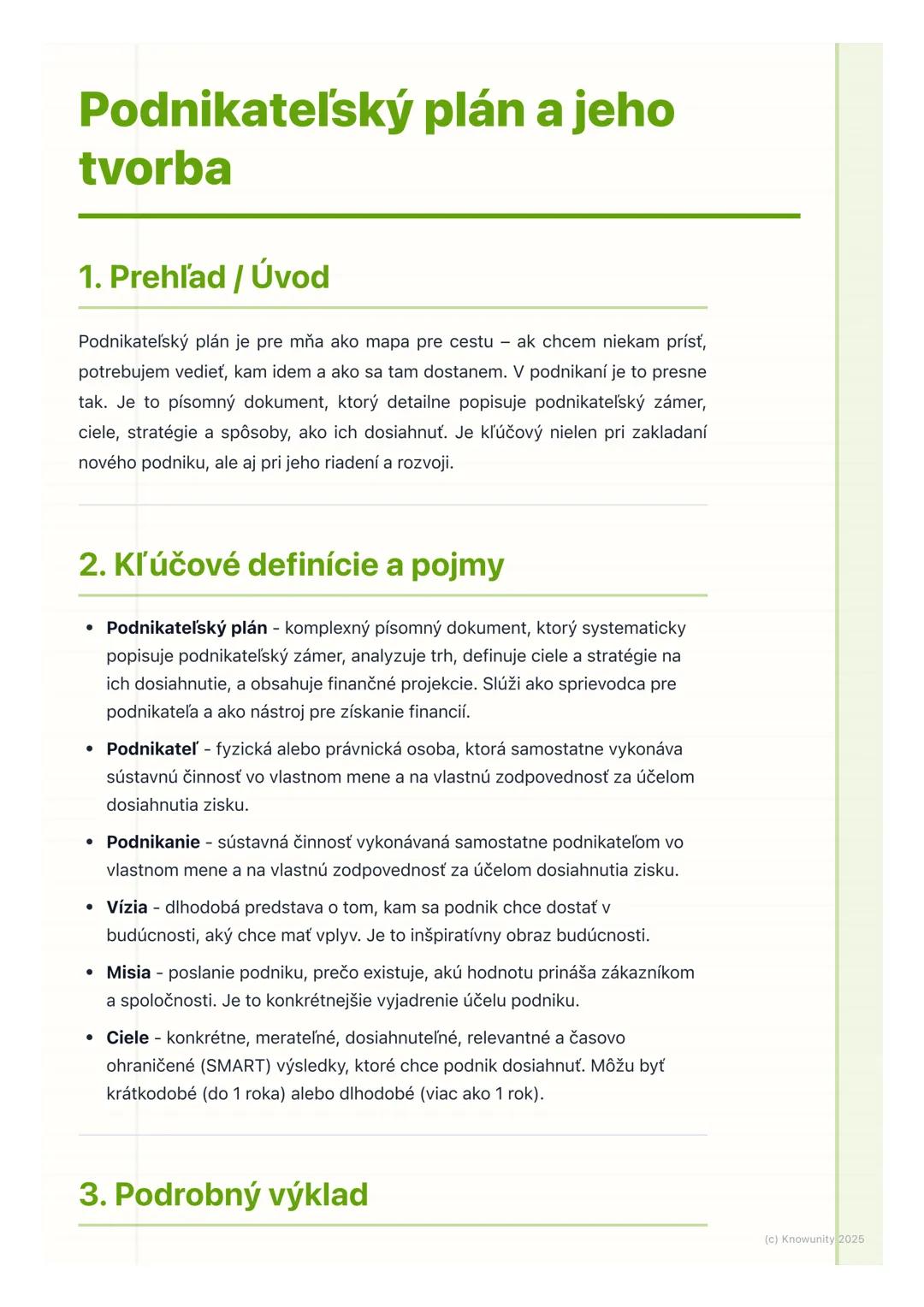 # Podnikateľský plán a jeho
tvorba
1. Prehľad / Úvod
Podnikateľský plán je pre mňa ako mapa pre cestu ak chcem niekam prísť,
potrebujem ve