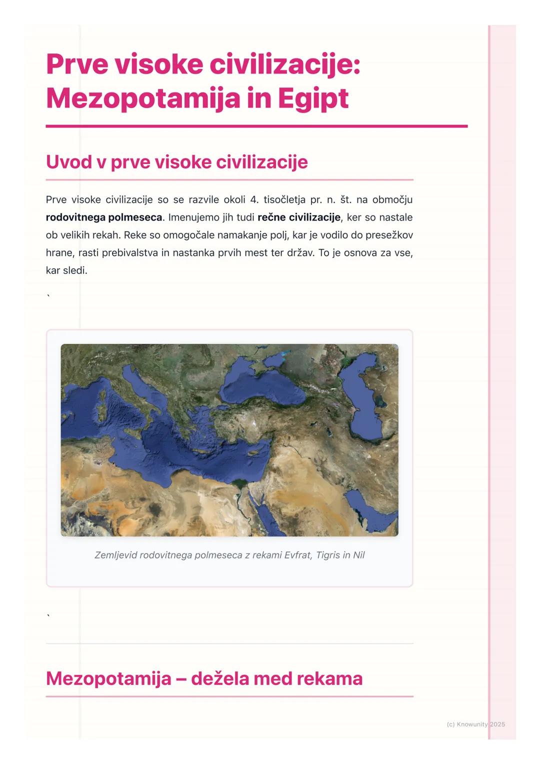 # Prve visoke civilizacije:
# Mezopotamija in Egipt
## Uvod v prve visoke civilizacije
Prve visoke civilizacije so se razvile okoli 4. tis