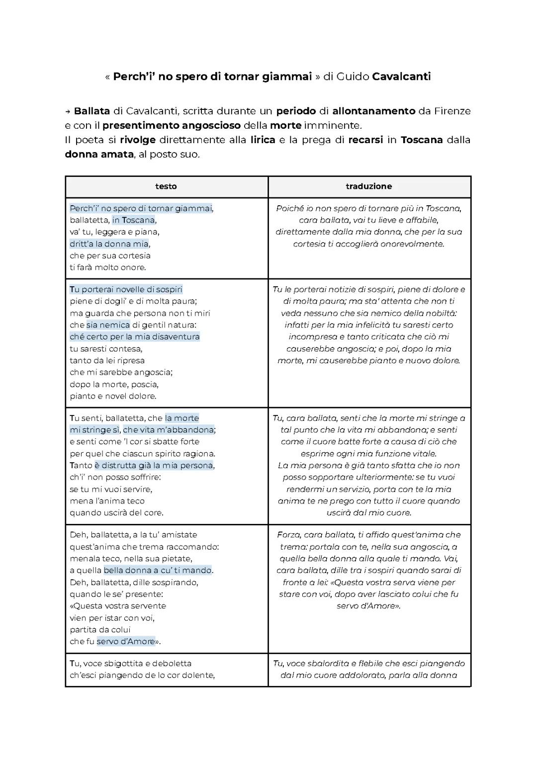 CAVALCANTI - "perché'i' no spero di tornar giammai"