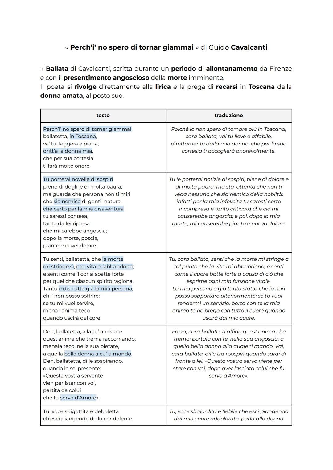 << Perch'i' no spero di tornar giammai » di Guido Cavalcanti
→ Ballata di Cavalcanti, scritta durante un periodo di allontanamento da Firenz