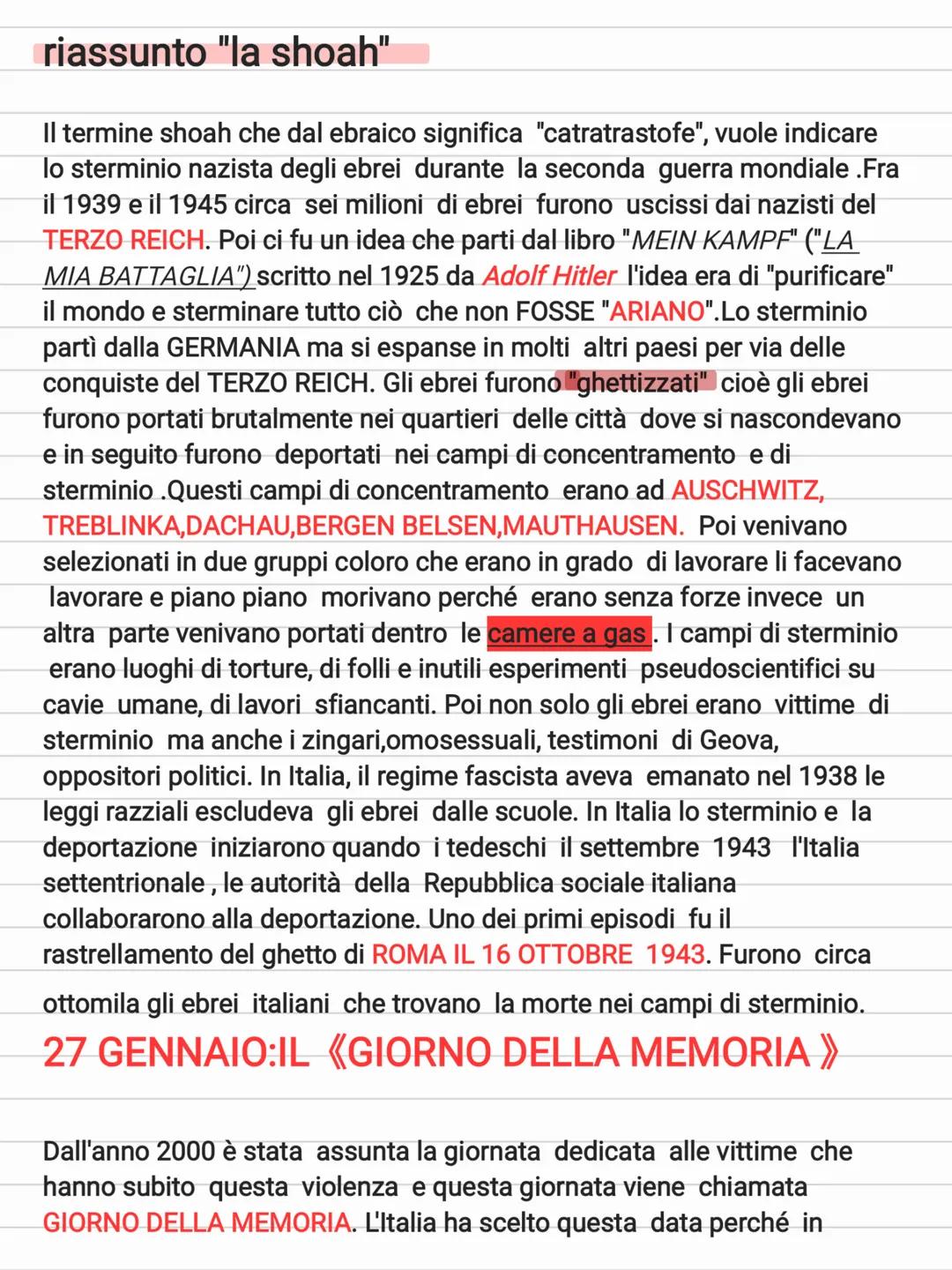 # riassunto "la shoah"
Il termine shoah che dal ebraico significa "catratrastofe", vuole indicare
lo sterminio nazista degli ebrei durante
