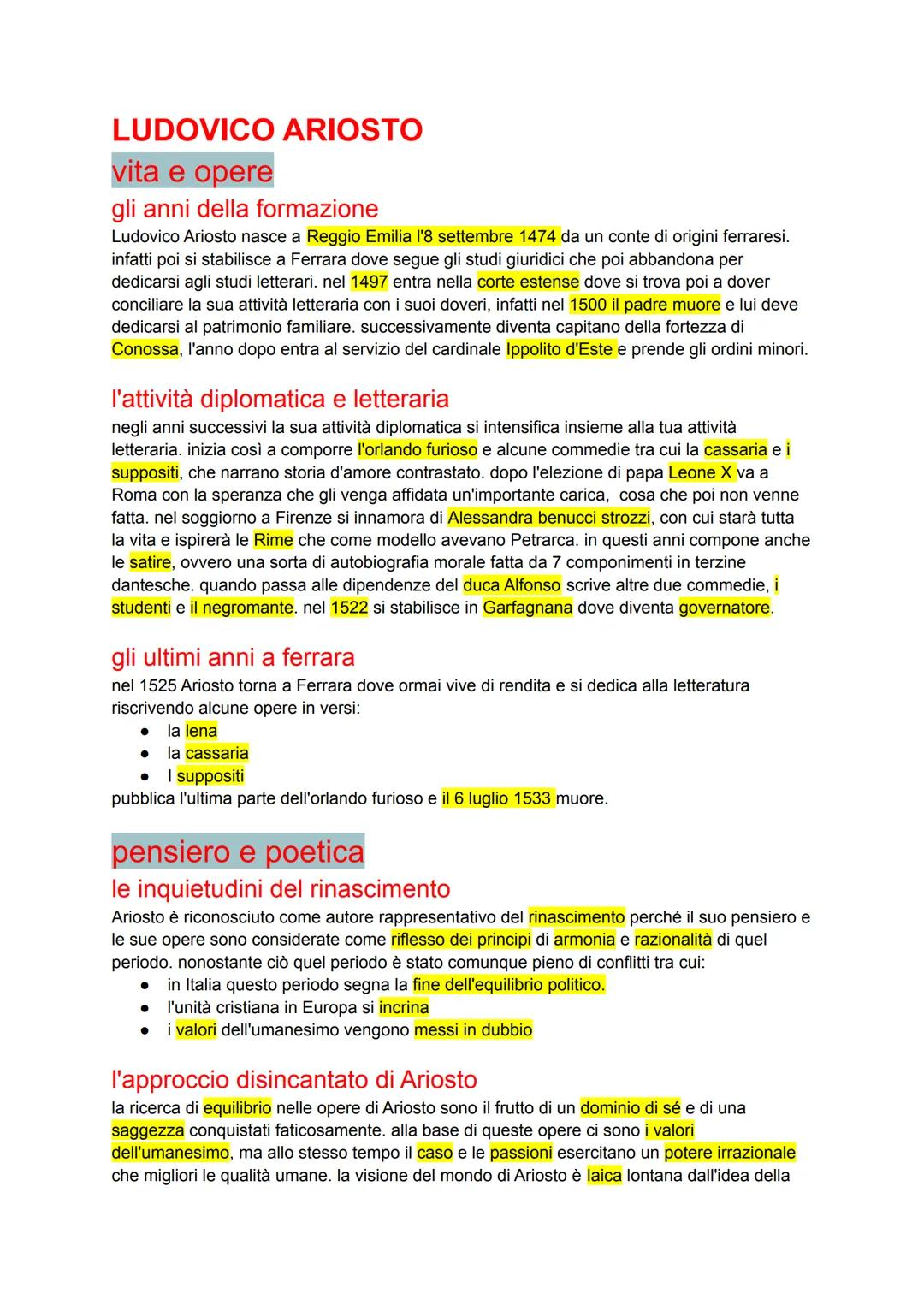 LUDOVICO ARIOSTO
vita e opere
gli anni della formazione
Ludovico Ariosto nasce a Reggio Emilia l'8 settembre 1474 da un conte di origini fer