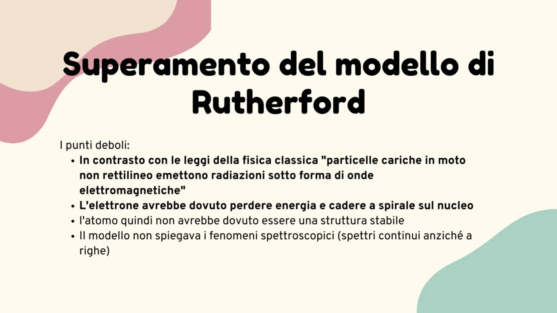 Atomo
quantomeccanico Superamento del modello di
Rutherford
I punti deboli:
• In contrasto con le leggi della fisica classica "particelle ca