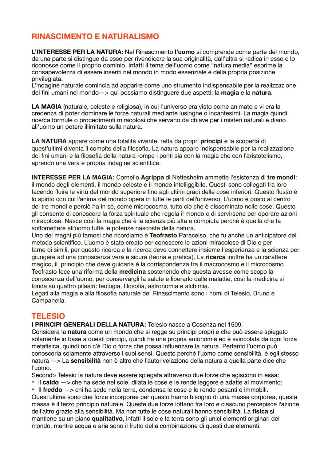 # RINASCIMENTO E NATURALISMO
L'INTERESSE PER LA NATURA: Nel Rinascimento l'uomo si comprende come parte del mondo,
da una parte si distingu