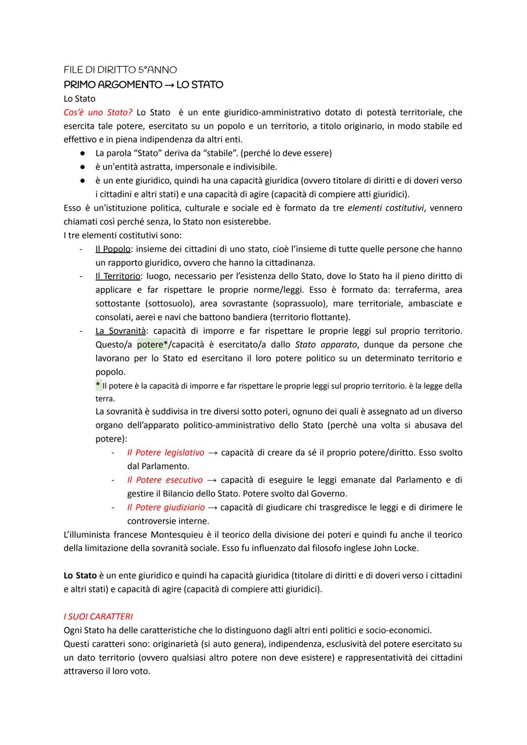 FILE DI DIRITTO 5°ANNO
PRIMO ARGOMENTO LO STATO
Lo Stato
Cos'è uno Stato? Lo Stato è un ente giuridico-amministrativo dotato di potestà terr