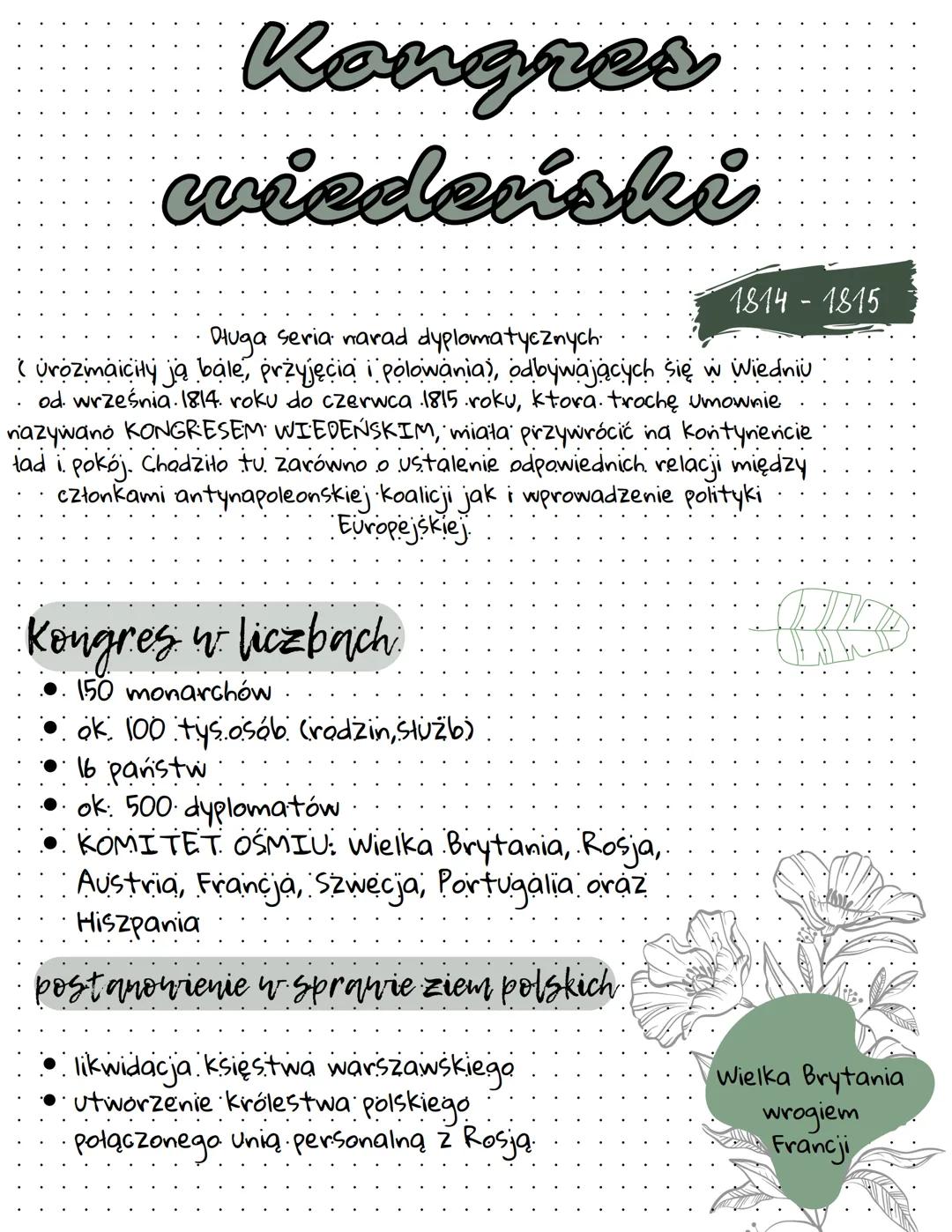 # Kongres
wiedeński
1814-1815
Długa seria narad dyplomatycznych.
( urozmaicity ją bale, przyjęcia i polowania), odbywających się w Wiedn