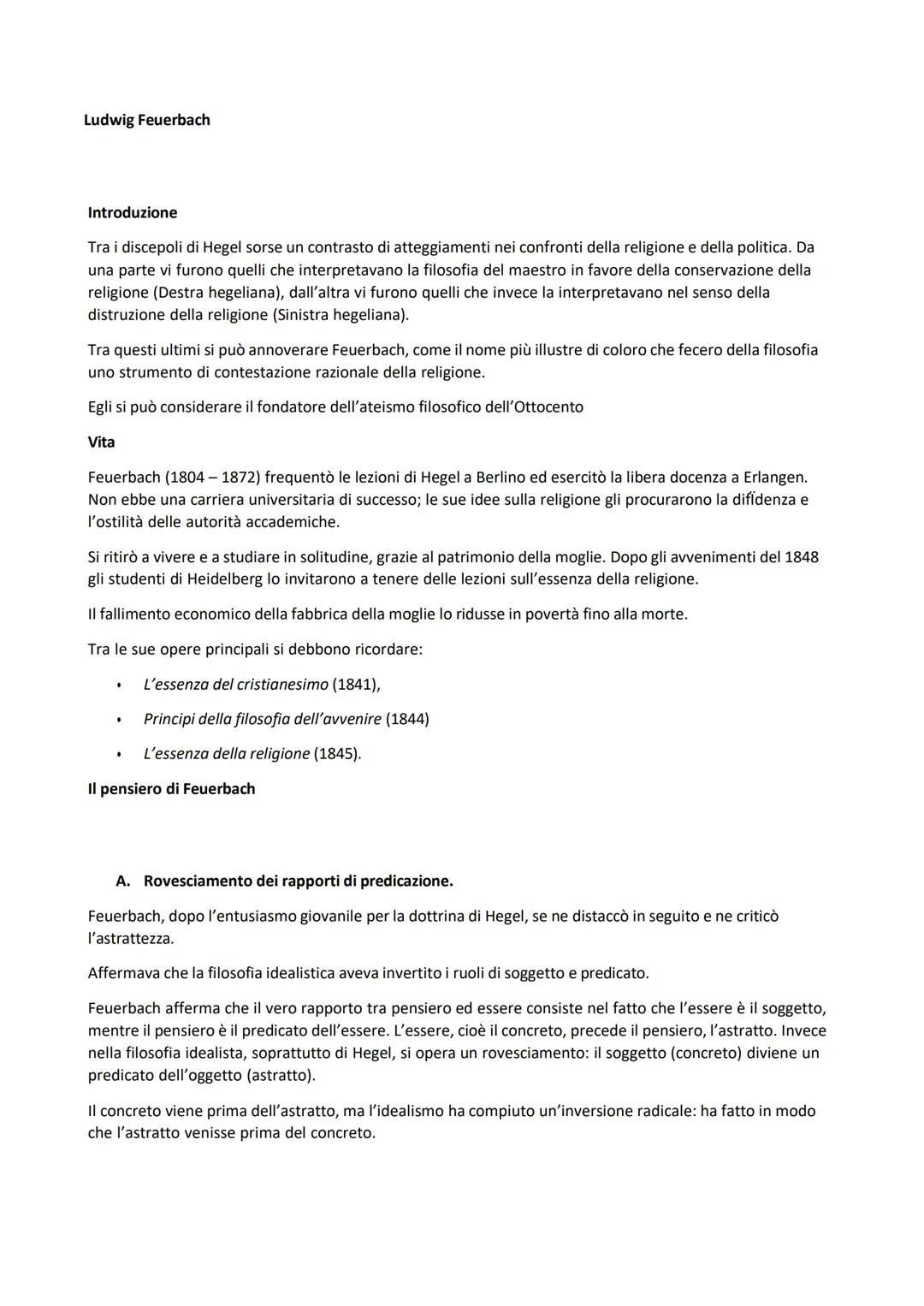 # Ludwig Feuerbach
Introduzione
Tra i discepoli di Hegel sorse un contrasto di atteggiamenti nei confronti della religione e della politic