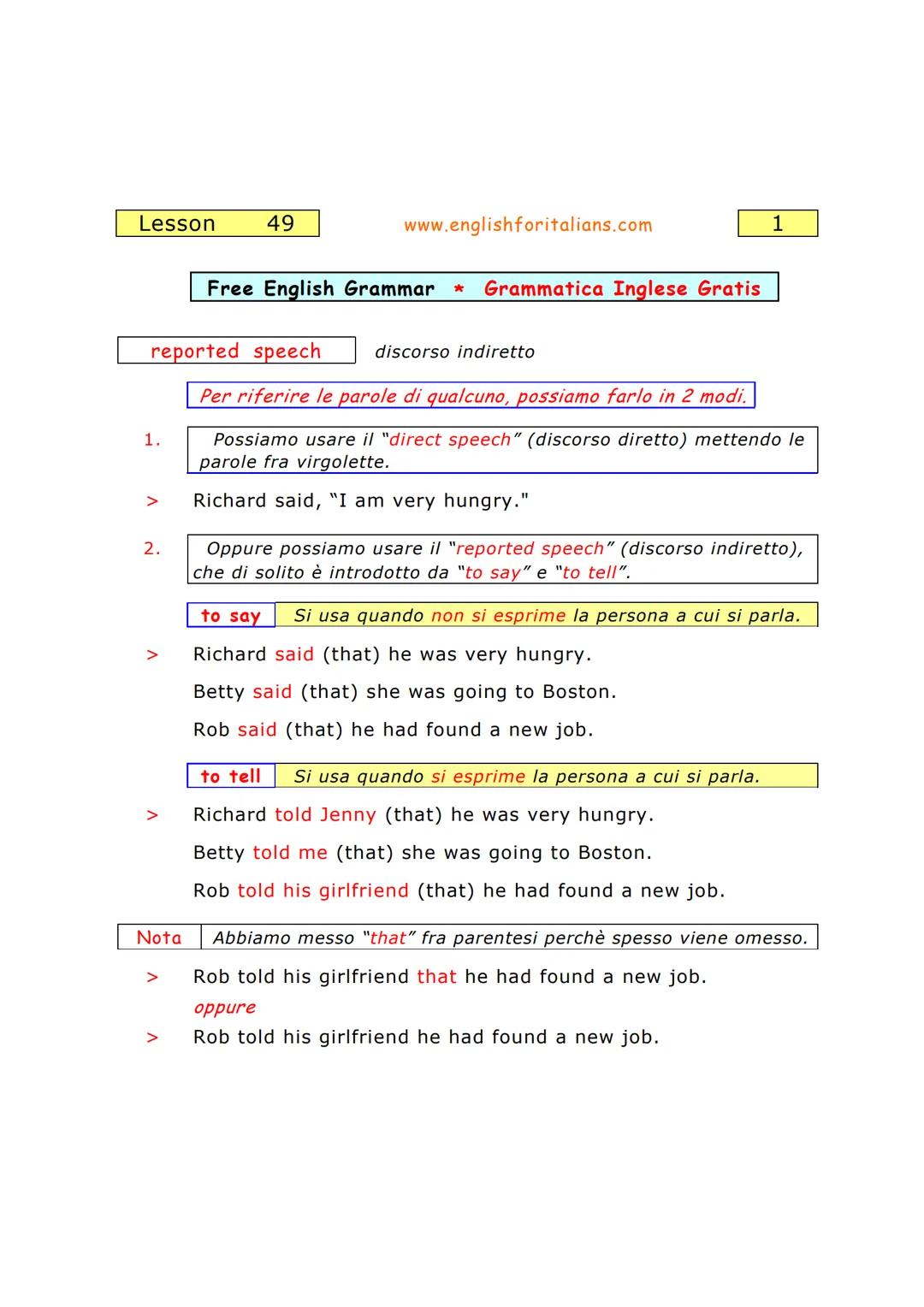 Lesson
1.
49
2.
www.englishforitalians.com
Free English Grammar *
Grammatica Inglese Gratis
reported speech discorso indiretto
Per riferire