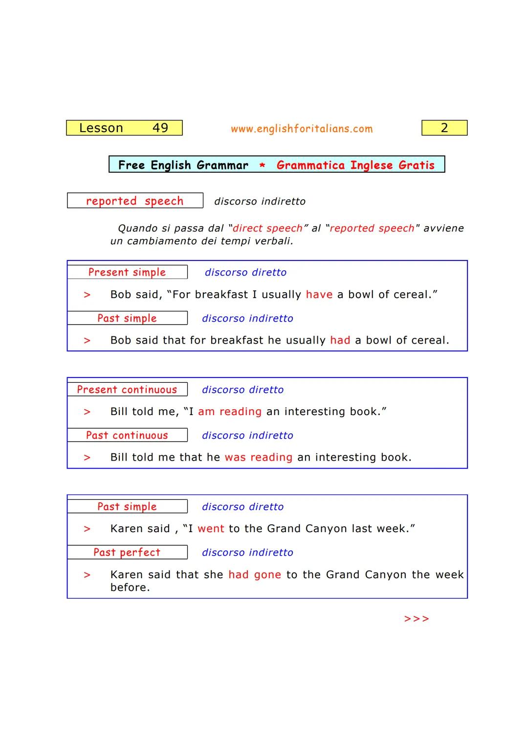 Lesson
1.
49
2.
www.englishforitalians.com
Free English Grammar *
Grammatica Inglese Gratis
reported speech discorso indiretto
Per riferire