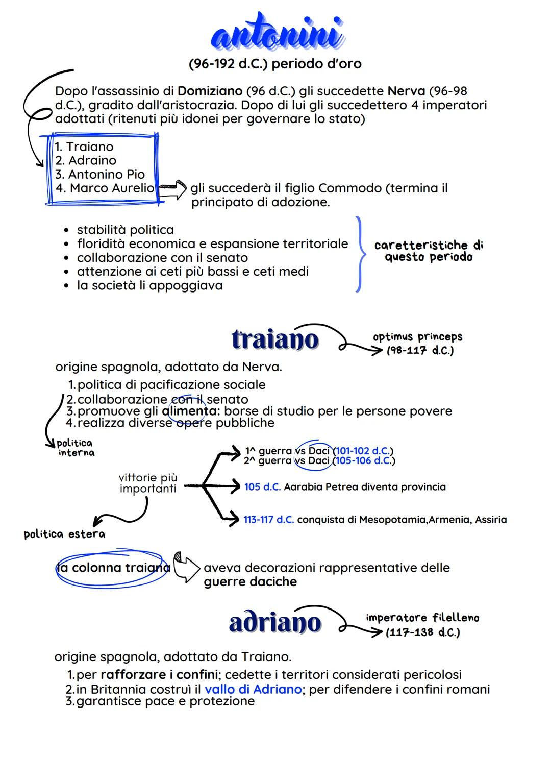 # antonini
(96-192 d.C.) periodo d'oro
Dopo l'assassinio di Domiziano (96 d.C.) gli succedette Nerva (96-98
d.C.), gradito dall'aristocrazi
